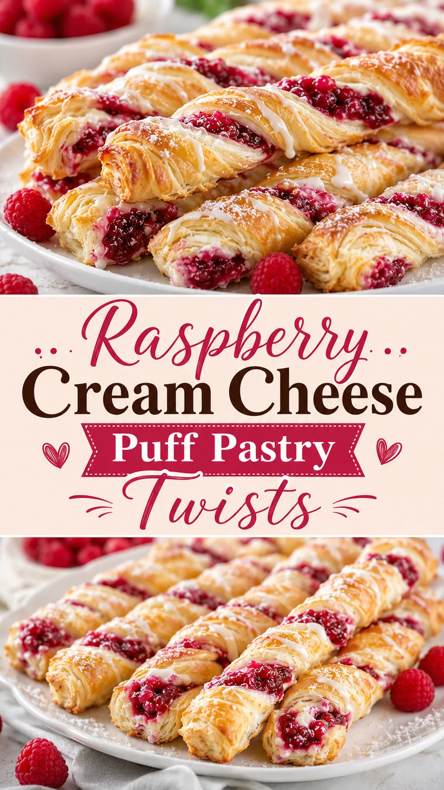 Pinterest image for Raspberry Cream Cheese Puff Pastry Twists, with two photos of the recipe