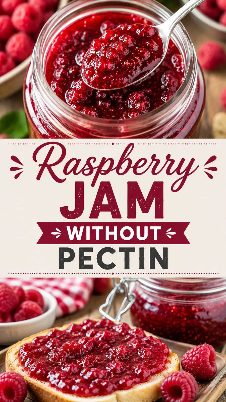 Pinterest image for Raspberry Jam Without Pectin, with two photos of the recipe