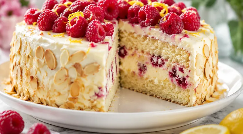 Raspberry Lemon Heaven Cake, ready to serve