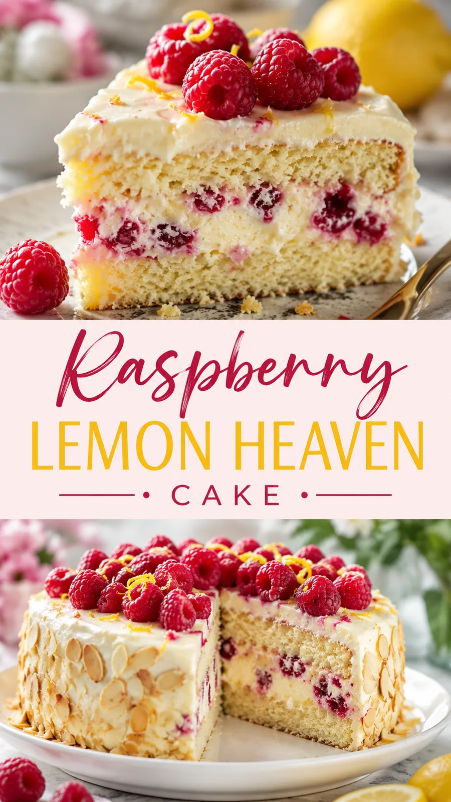 Pinterest image for Raspberry Lemon Heaven Cake, with two photos of the recipe