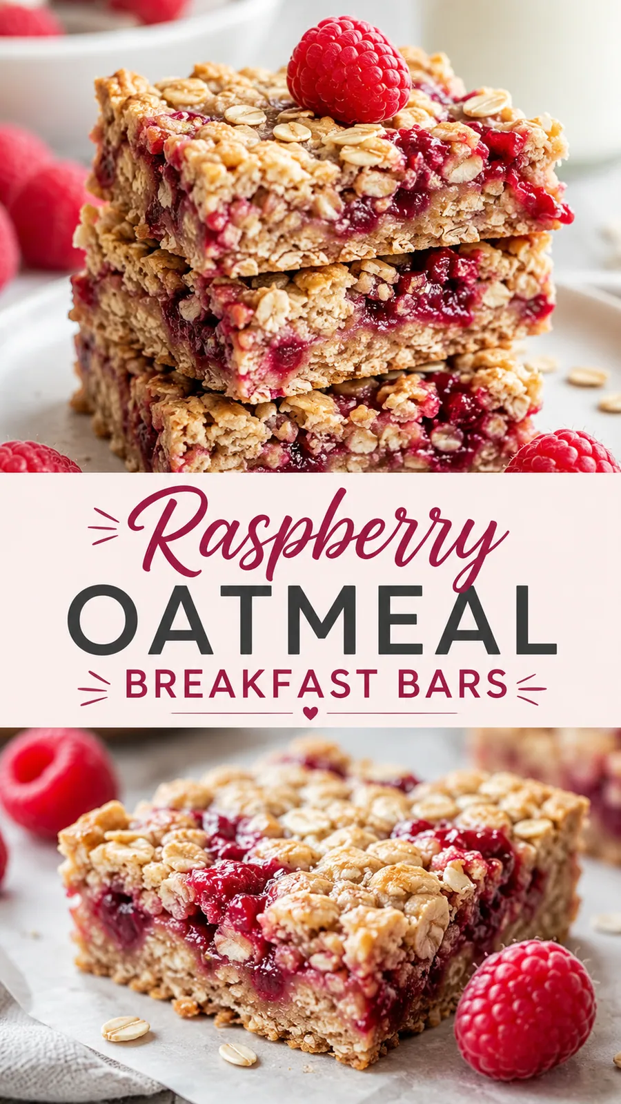 Pinterest image for Raspberry Oatmeal Breakfast Bars, with two photos of the recipe