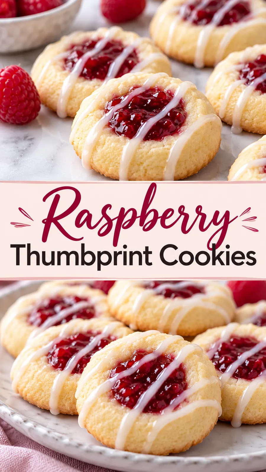 Pinterest image for Raspberry Thumbprint Cookies, with two photos of the recipe