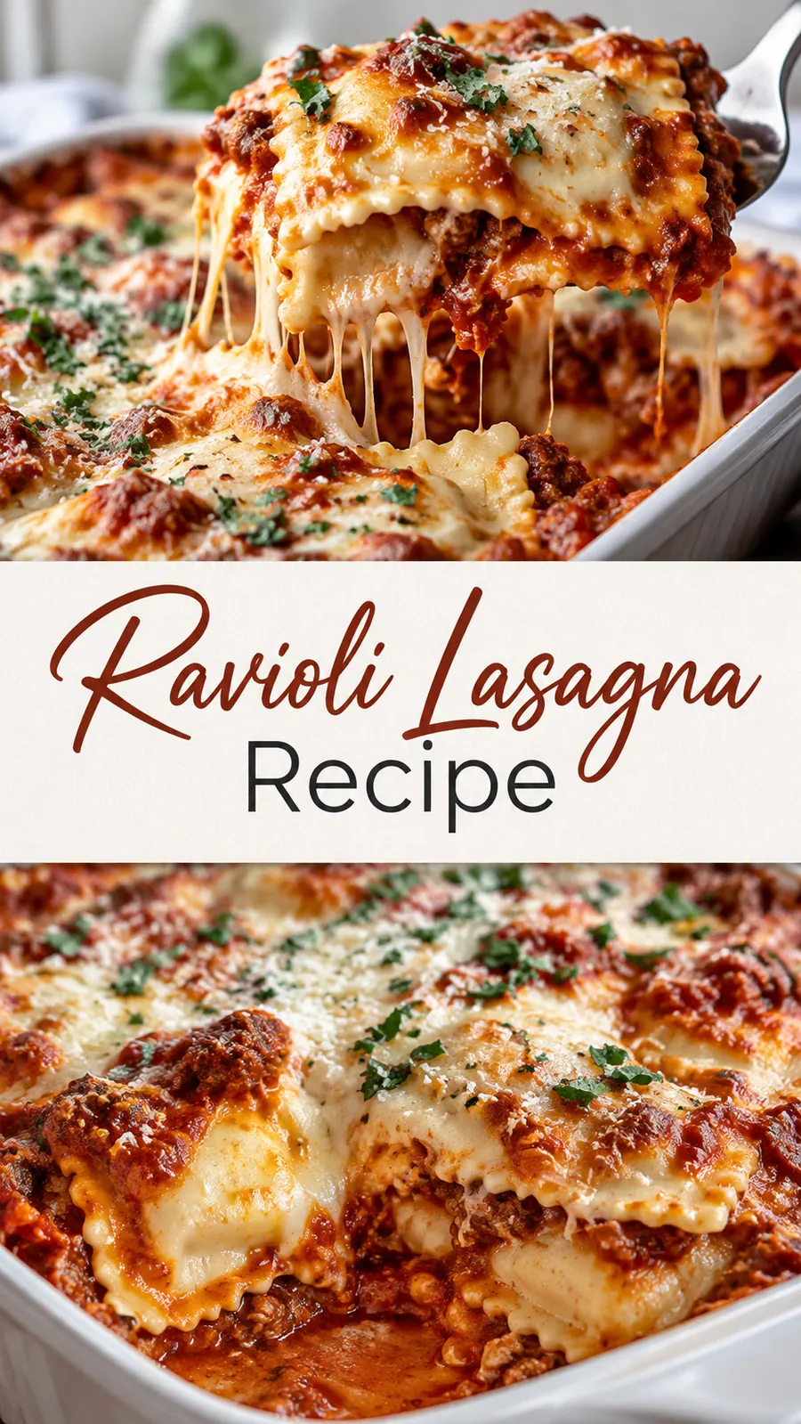 Pinterest image for Ravioli Lasagna Recipe, with two photos of the recipe