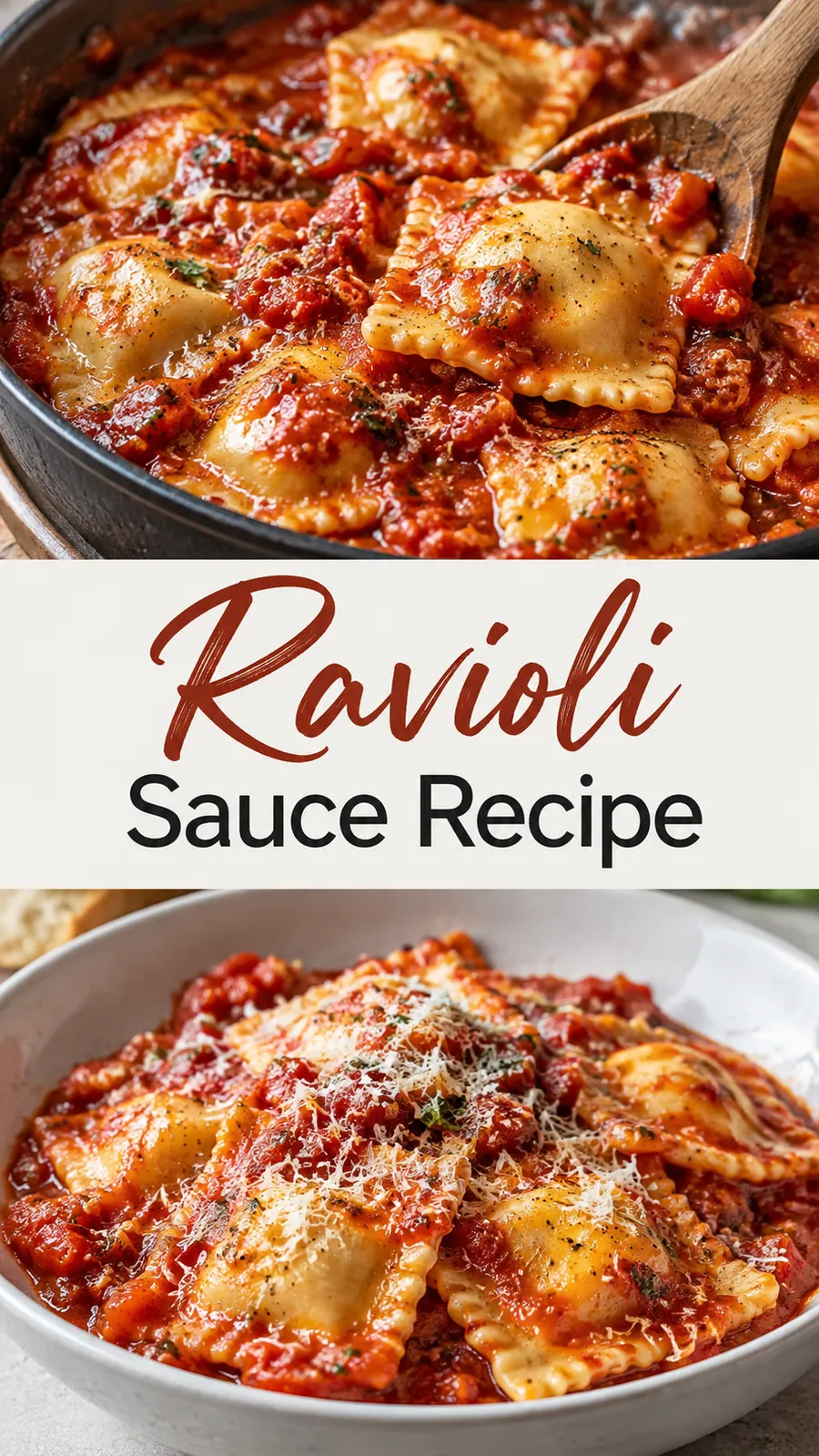 Pinterest image for Ravioli Sauce Recipe, with two photos of the recipe