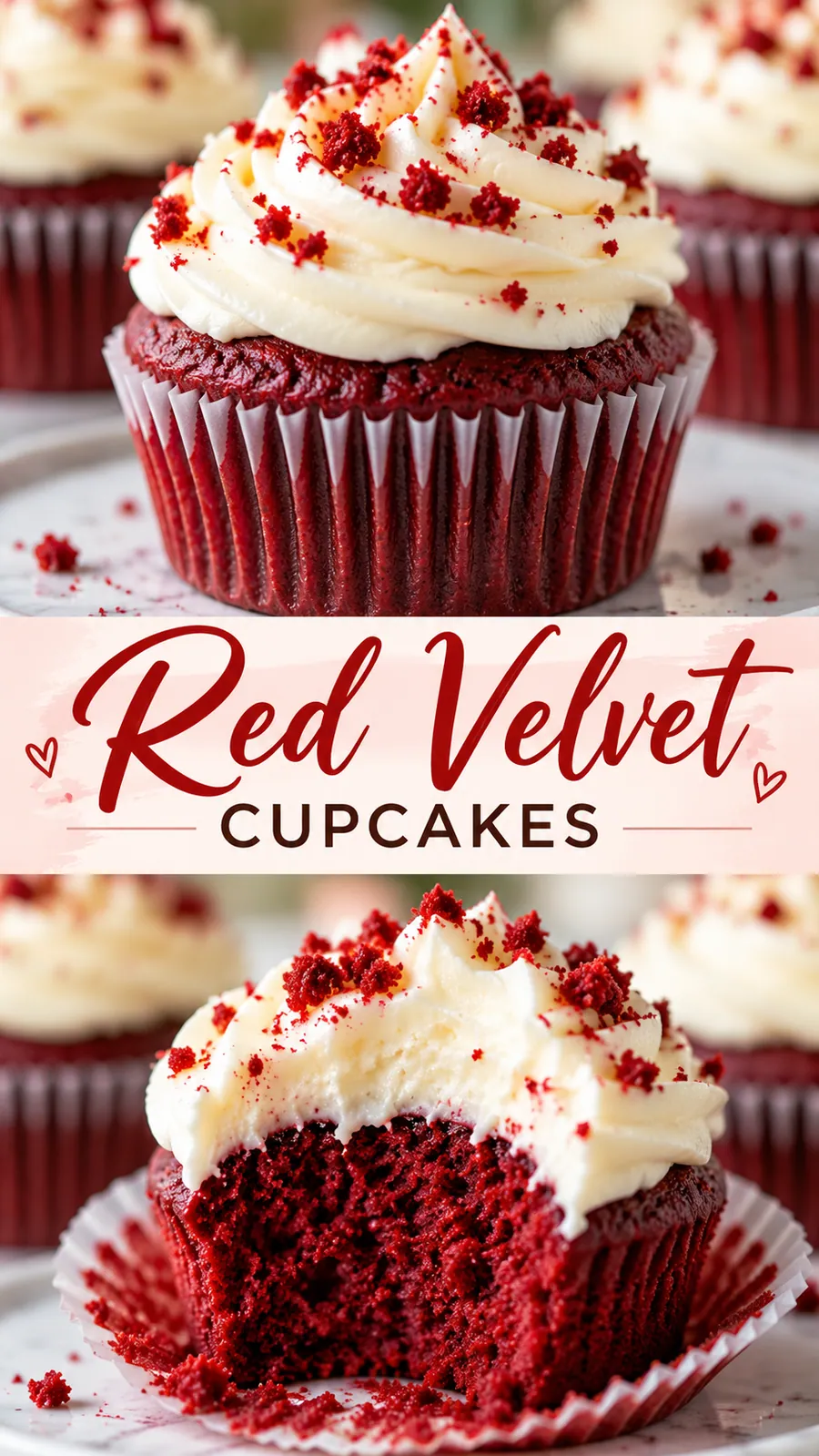 Pinterest image for Red Velvet Cupcakes, with two photos of the recipe