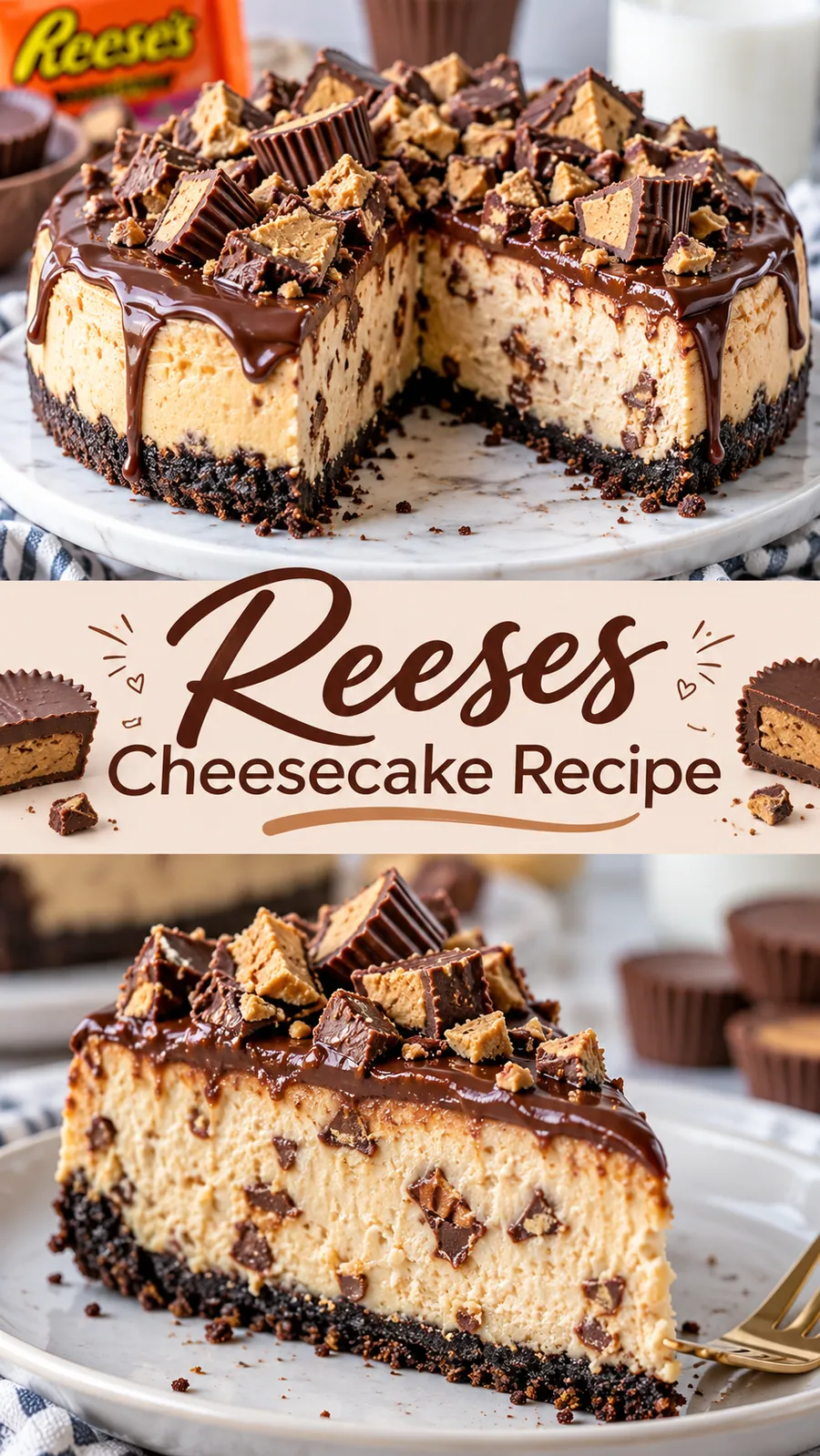 Pinterest image for Reese's Cheesecake Recipe, with two photos of the recipe