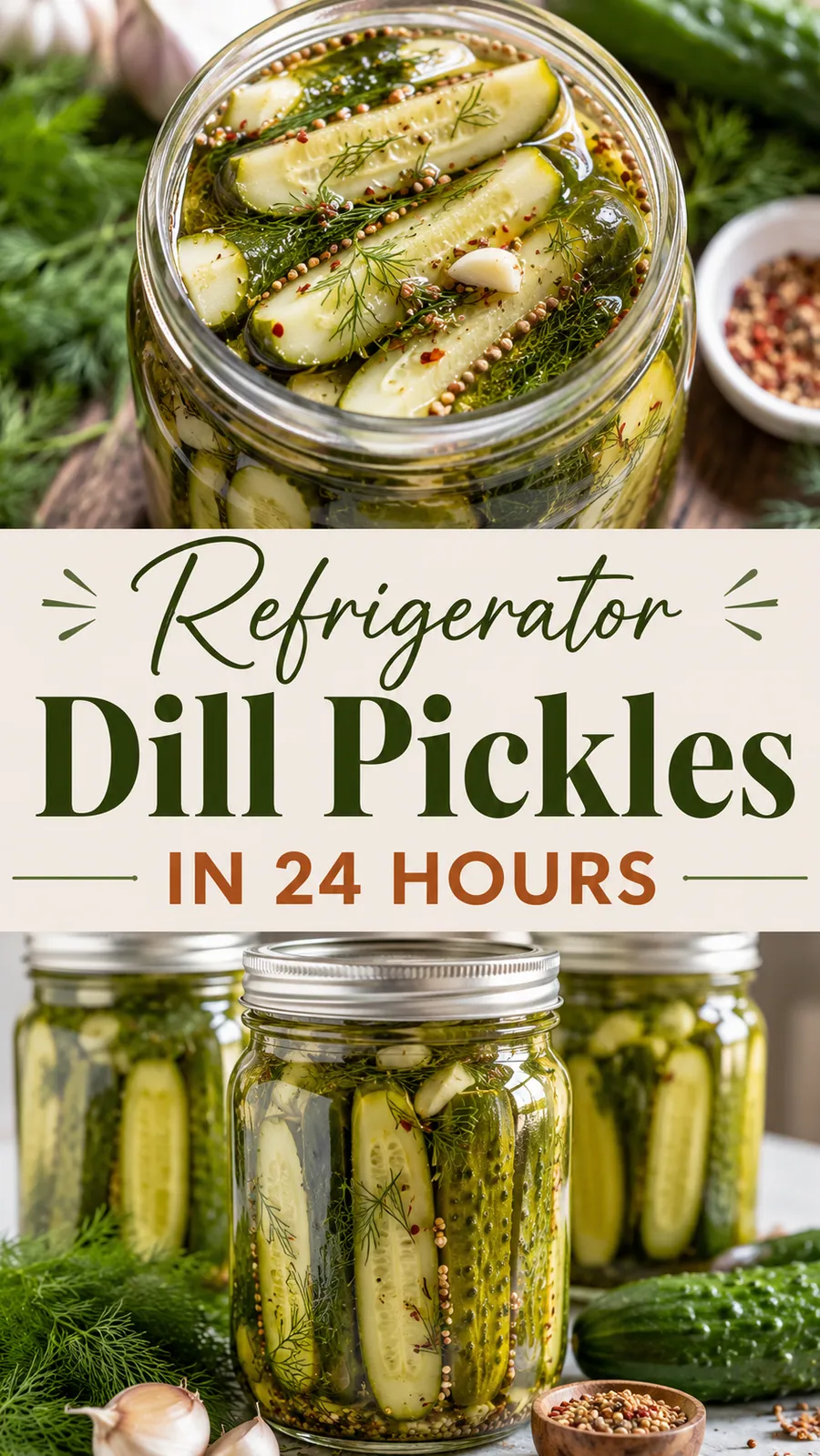 Pinterest image for Refrigerator Dill Pickles In 24 Hours, with two photos of the recipe