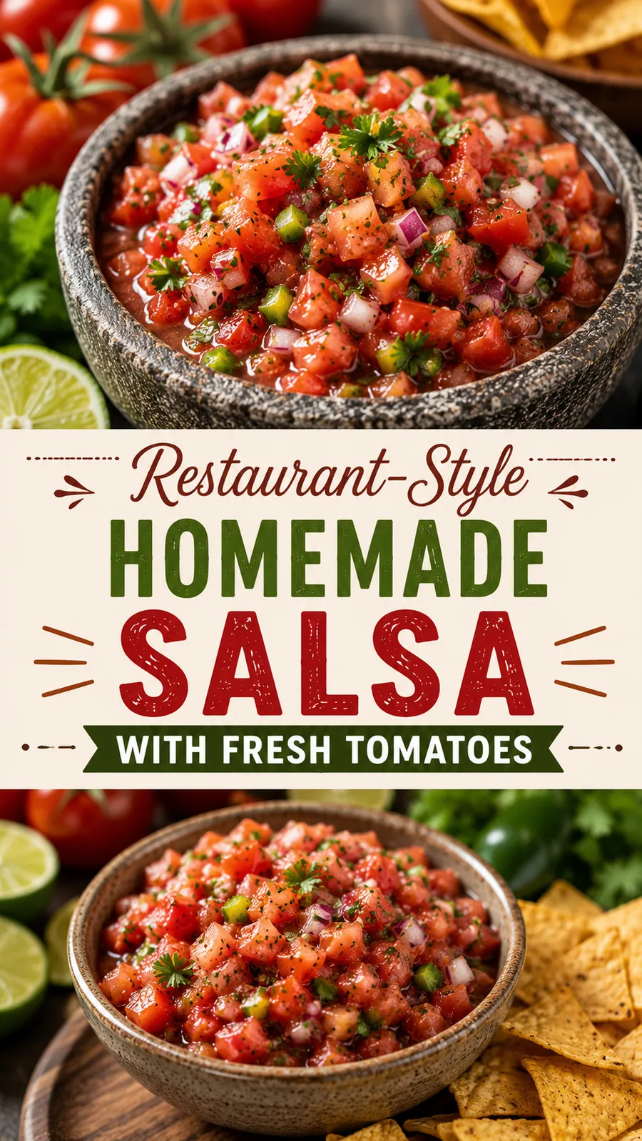 Pinterest image for Restaurant Style Homemade Salsa With Fresh Tomatoes, with two photos of the recipe