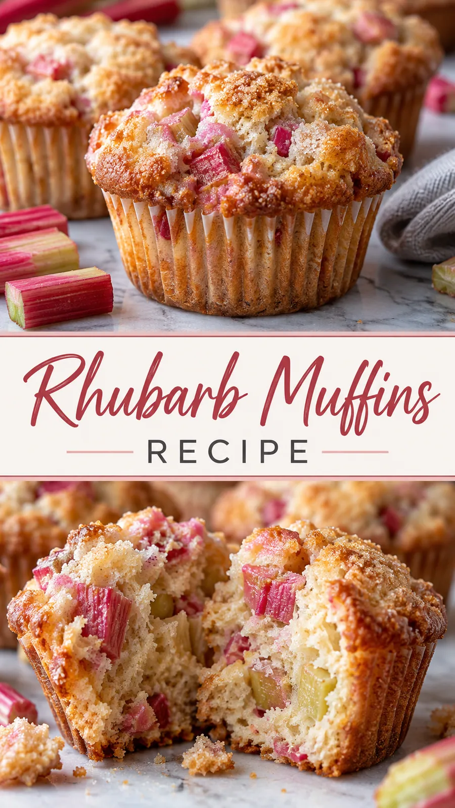 Pinterest image for Rhubarb Muffins Recipe, with two photos of the recipe