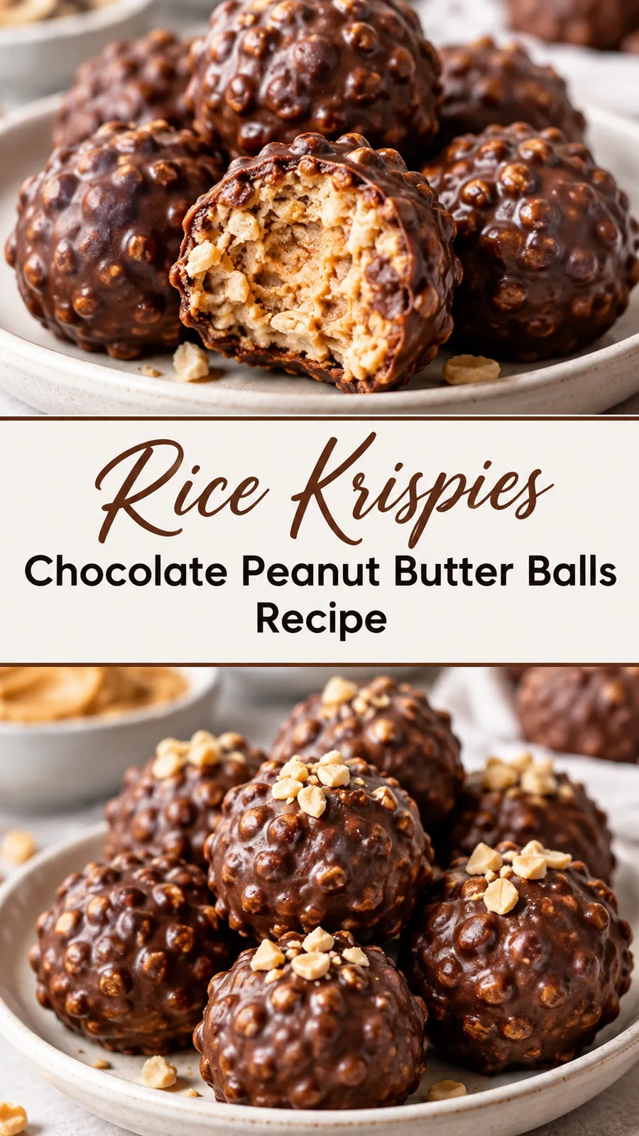 Pinterest image for Rice Krispies Chocolate Peanut Butter Balls Recipe, with two photos of the recipe