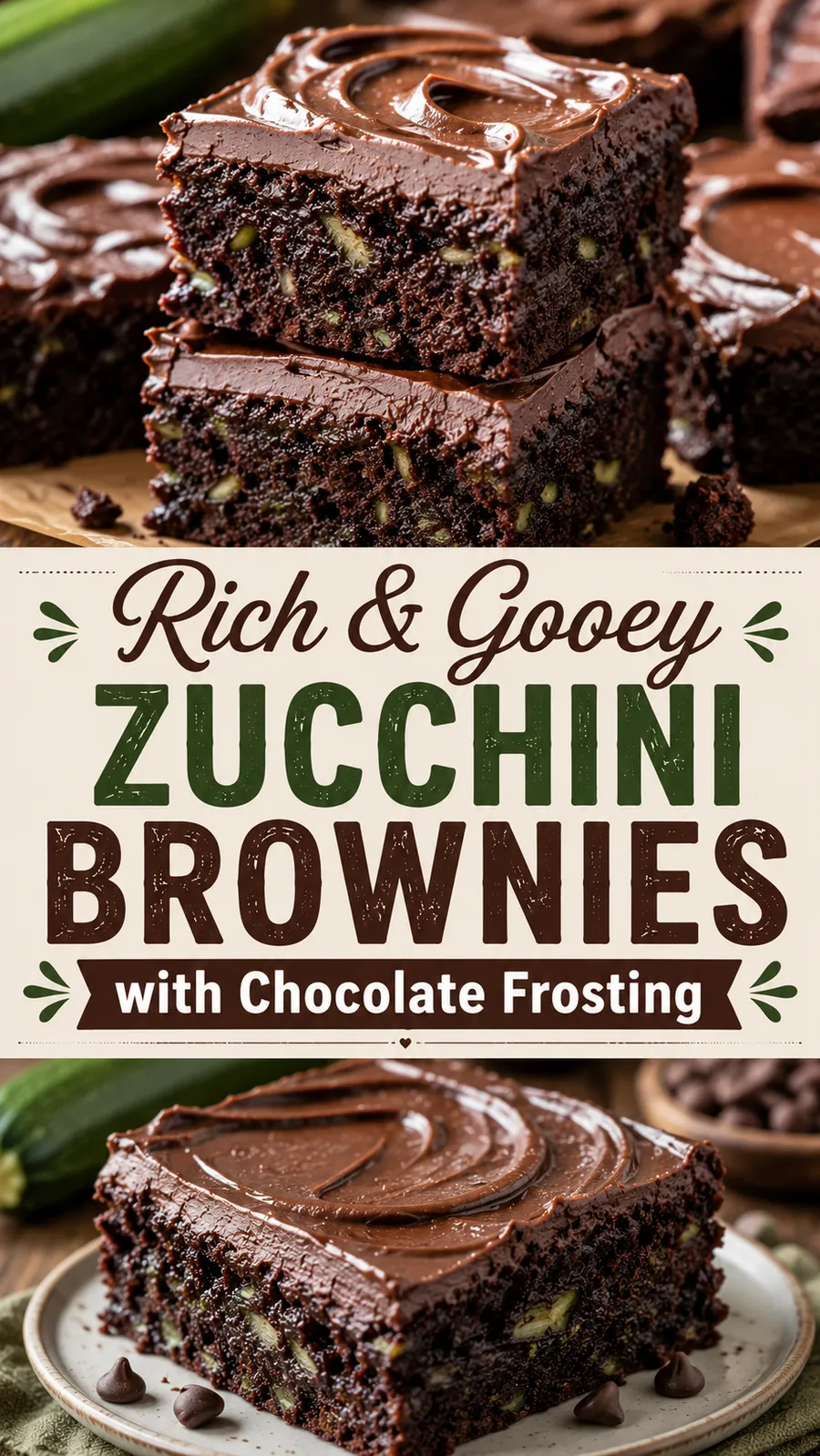 Pinterest image for Rich And Gooey Zucchini Brownies With Chocolate Frosting, with two photos of the recipe