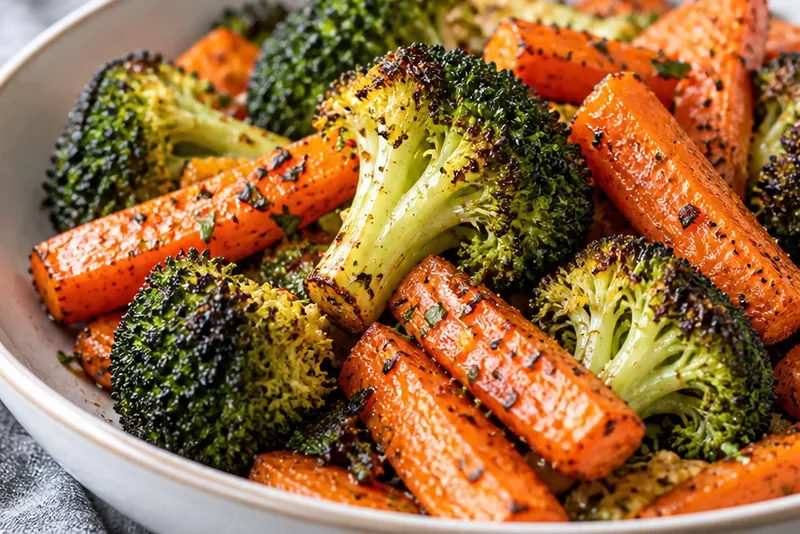 Roasted Broccoli and Carrots, ready to serve