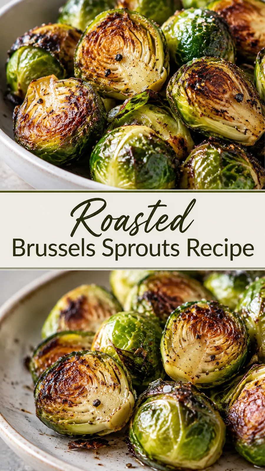 Pinterest image for Roasted Brussels Sprouts Recipe, with two photos of the recipe