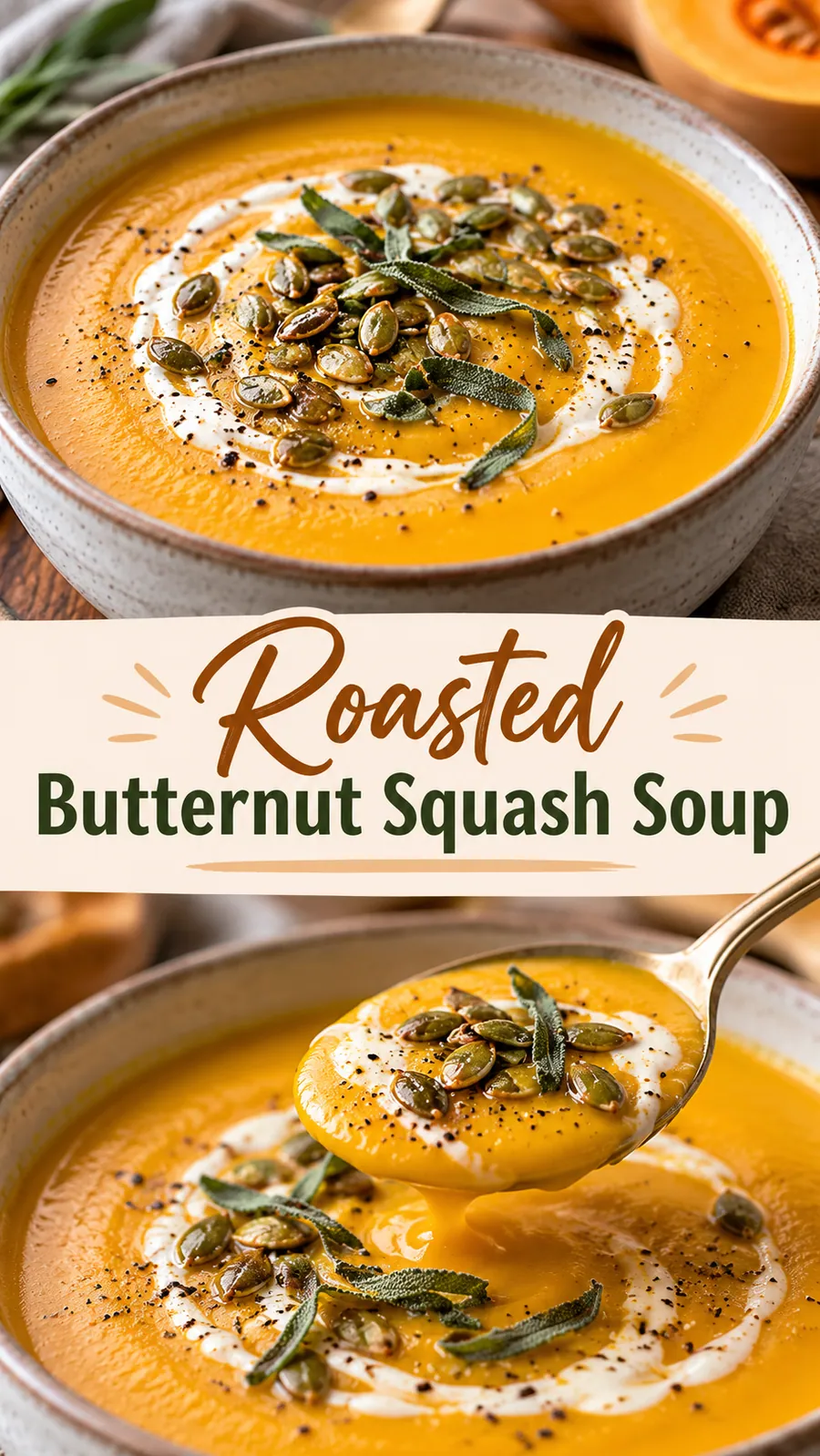 Pinterest image for Roasted Butternut Squash Soup, with two photos of the recipe