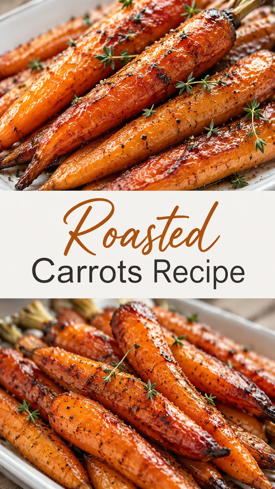 Pinterest image for Roasted Carrots Recipe, with two photos of the recipe