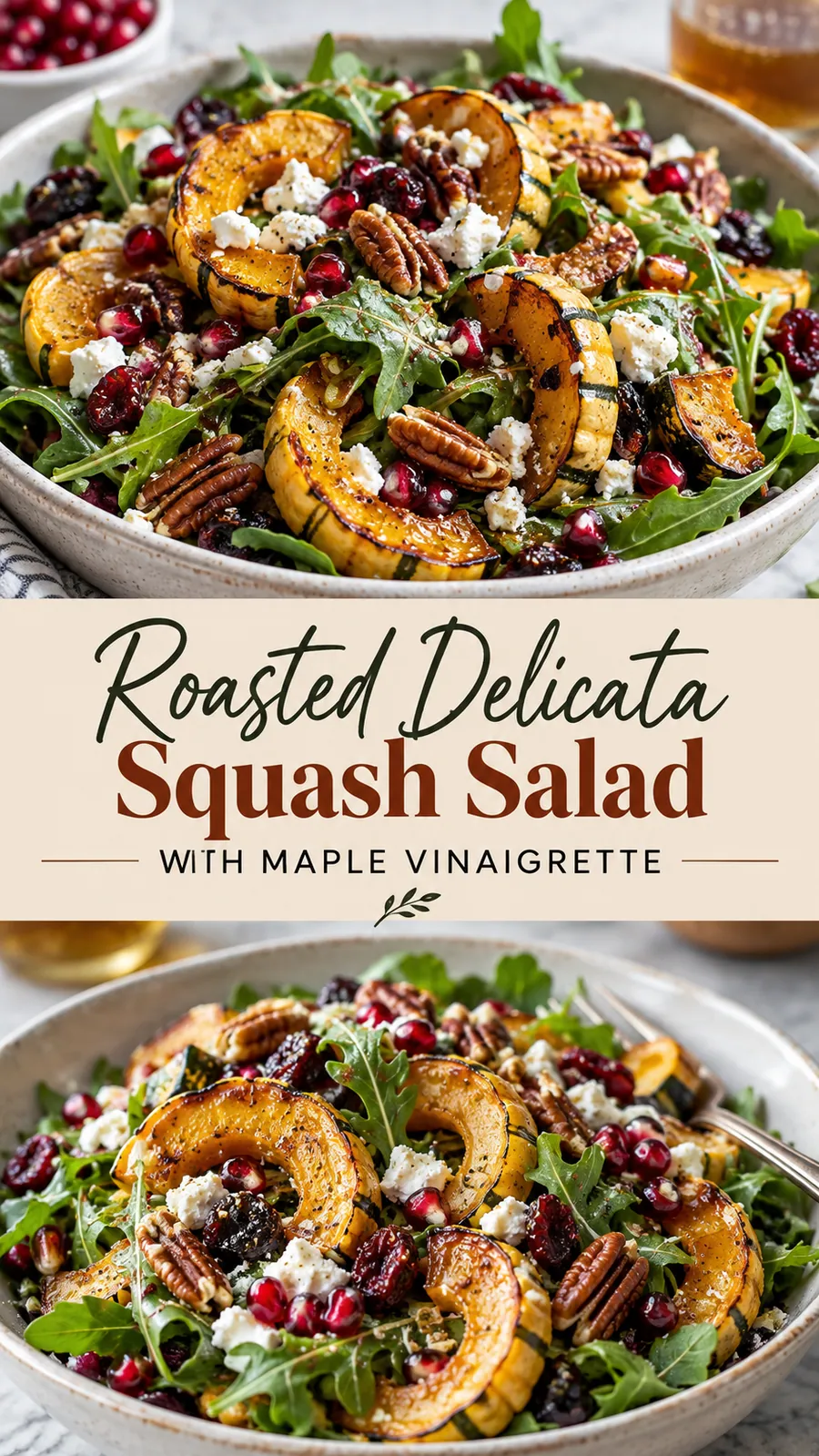 Pinterest image for Roasted Delicata Squash Salad with Maple Vinaigrette, with two photos of the recipe