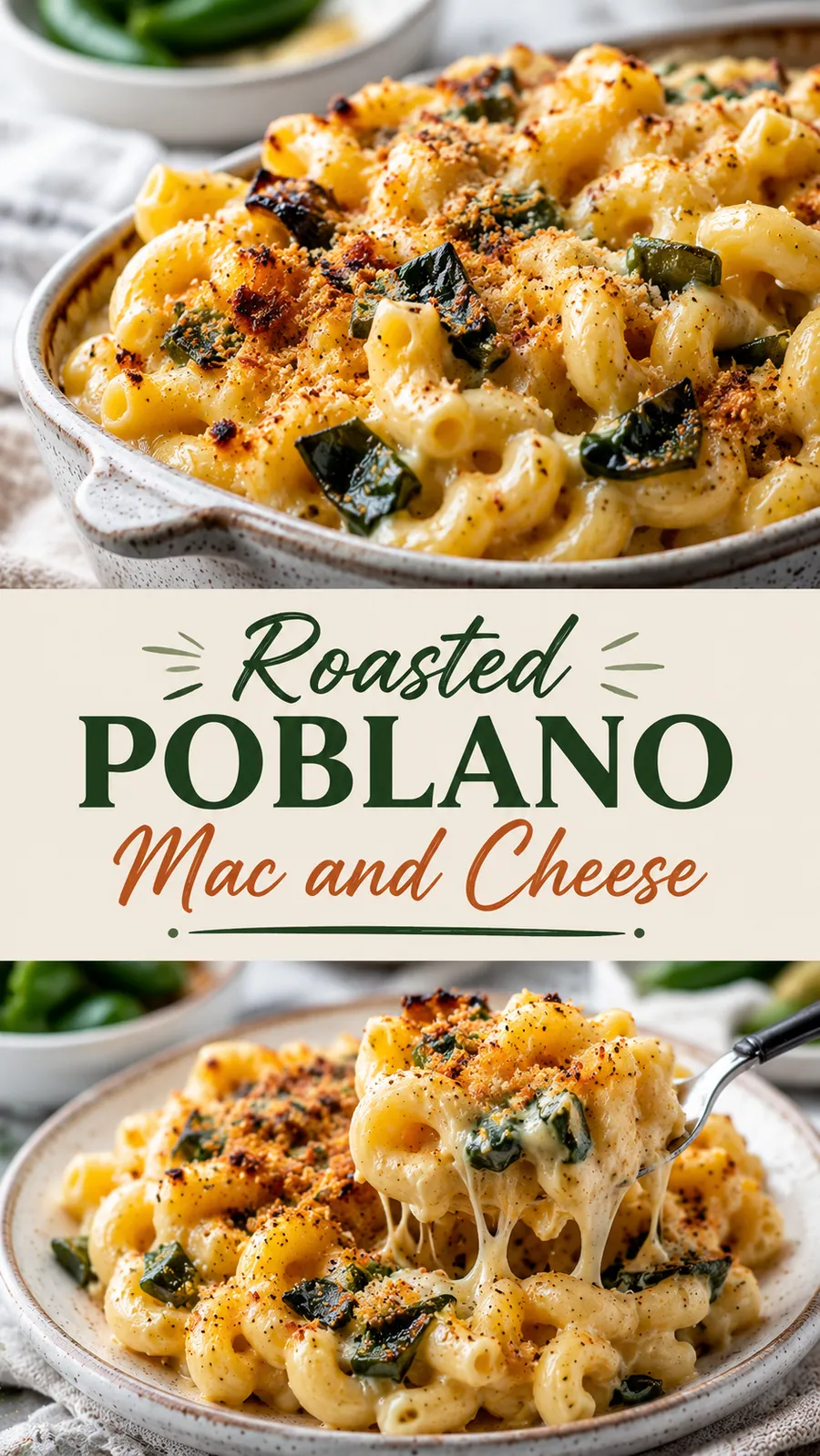 Pinterest image for Roasted Poblano Mac And Cheese, with two photos of the recipe