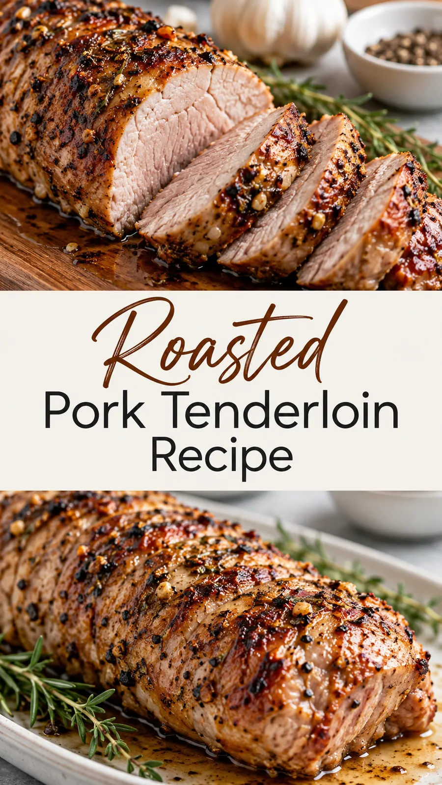 Pinterest image for Roasted Pork Tenderloin Recipe, with two photos of the recipe