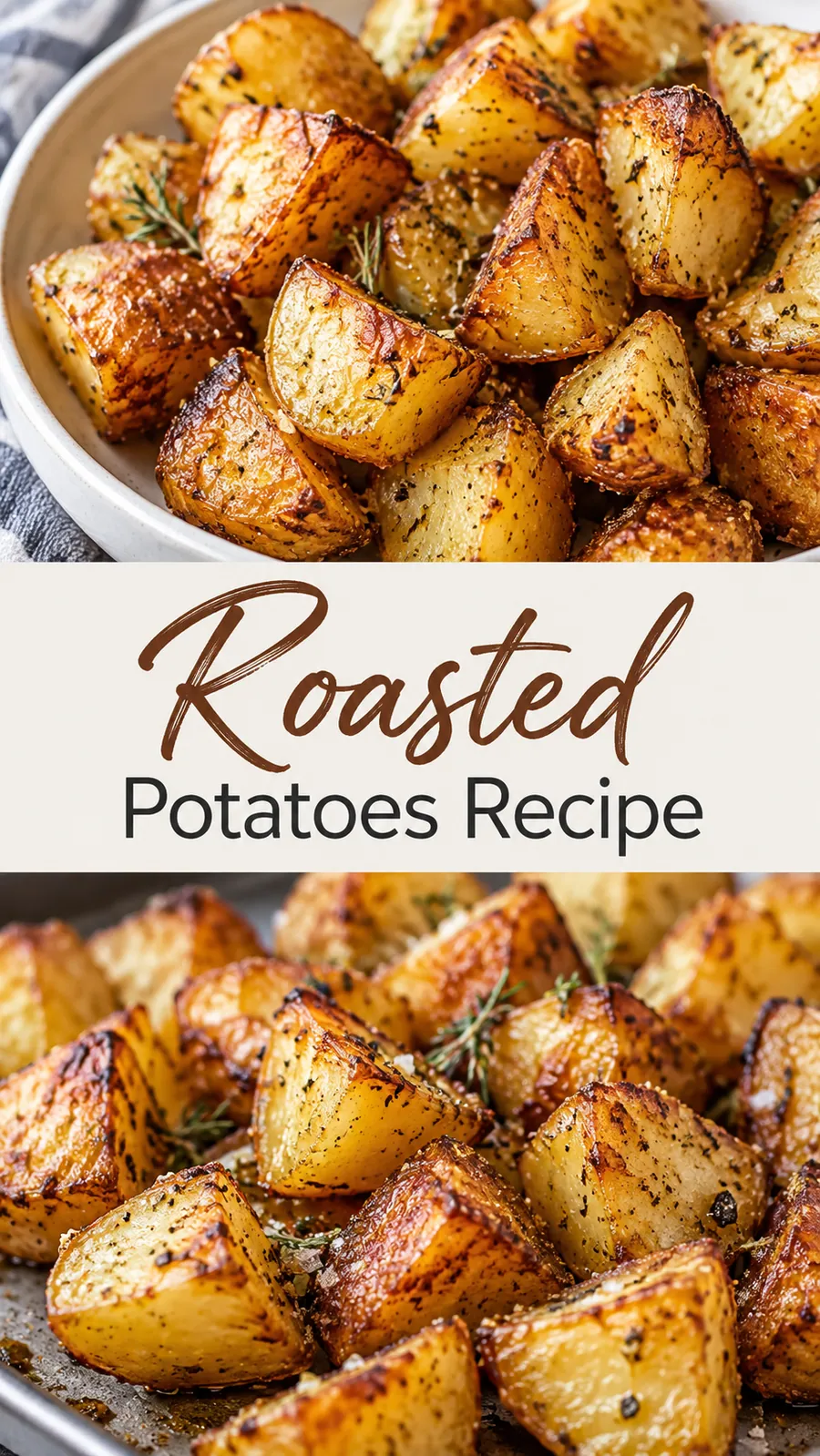 Pinterest image for Roasted Potatoes Recipe, with two photos of the recipe