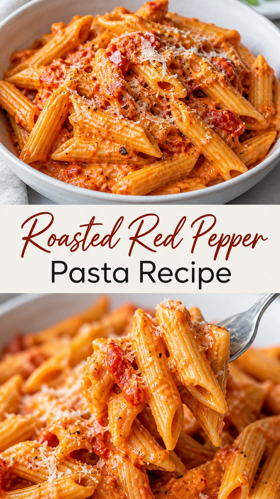 Pinterest image for Roasted Red Pepper Pasta Recipe, with two photos of the recipe