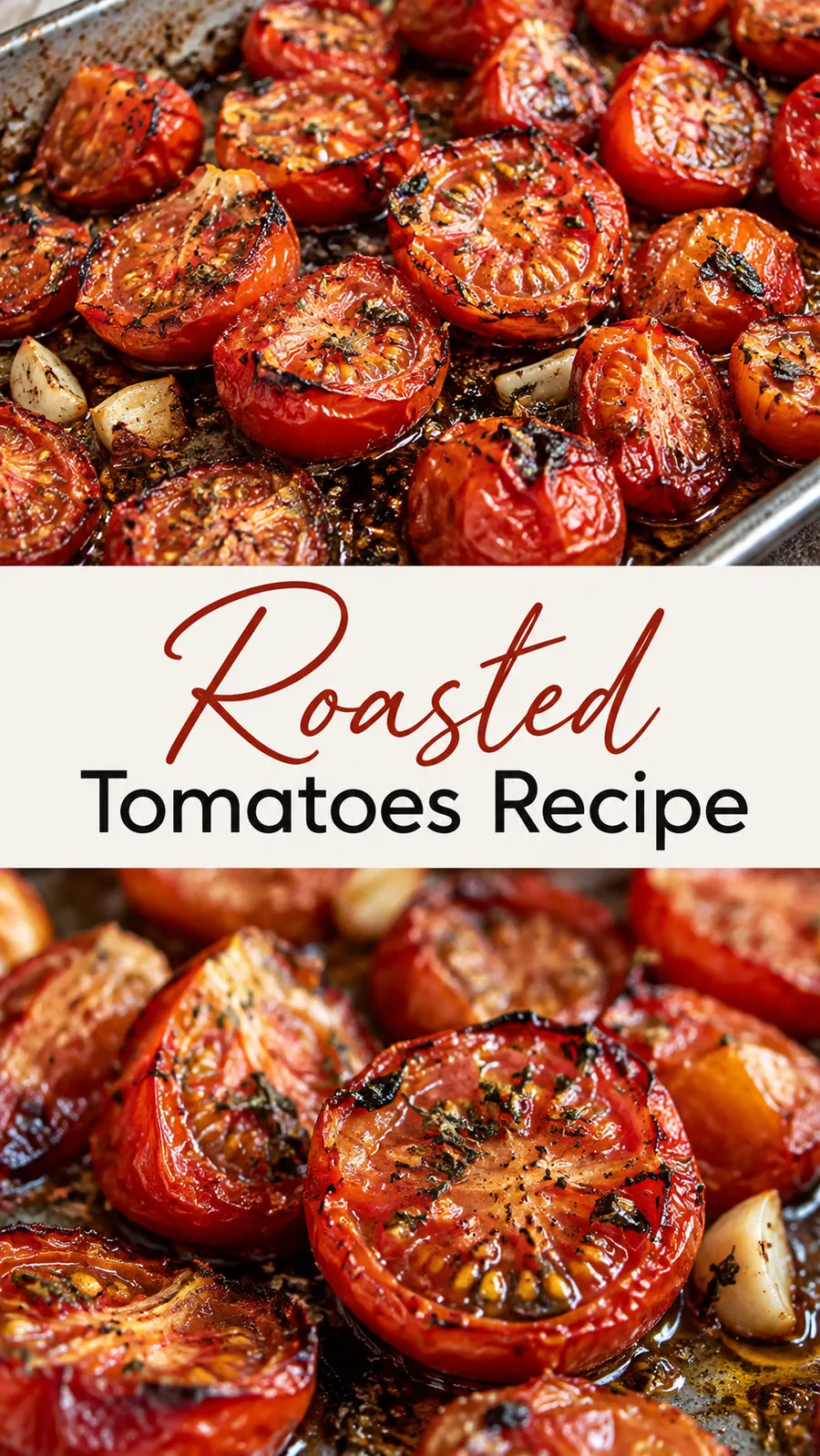 Pinterest image for Roasted Tomatoes Recipe, with two photos of the recipe