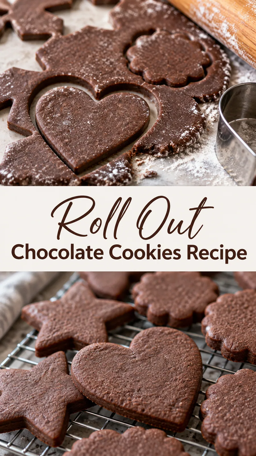 Pinterest image for Roll Out Chocolate Cookies Recipe, with two photos of the recipe