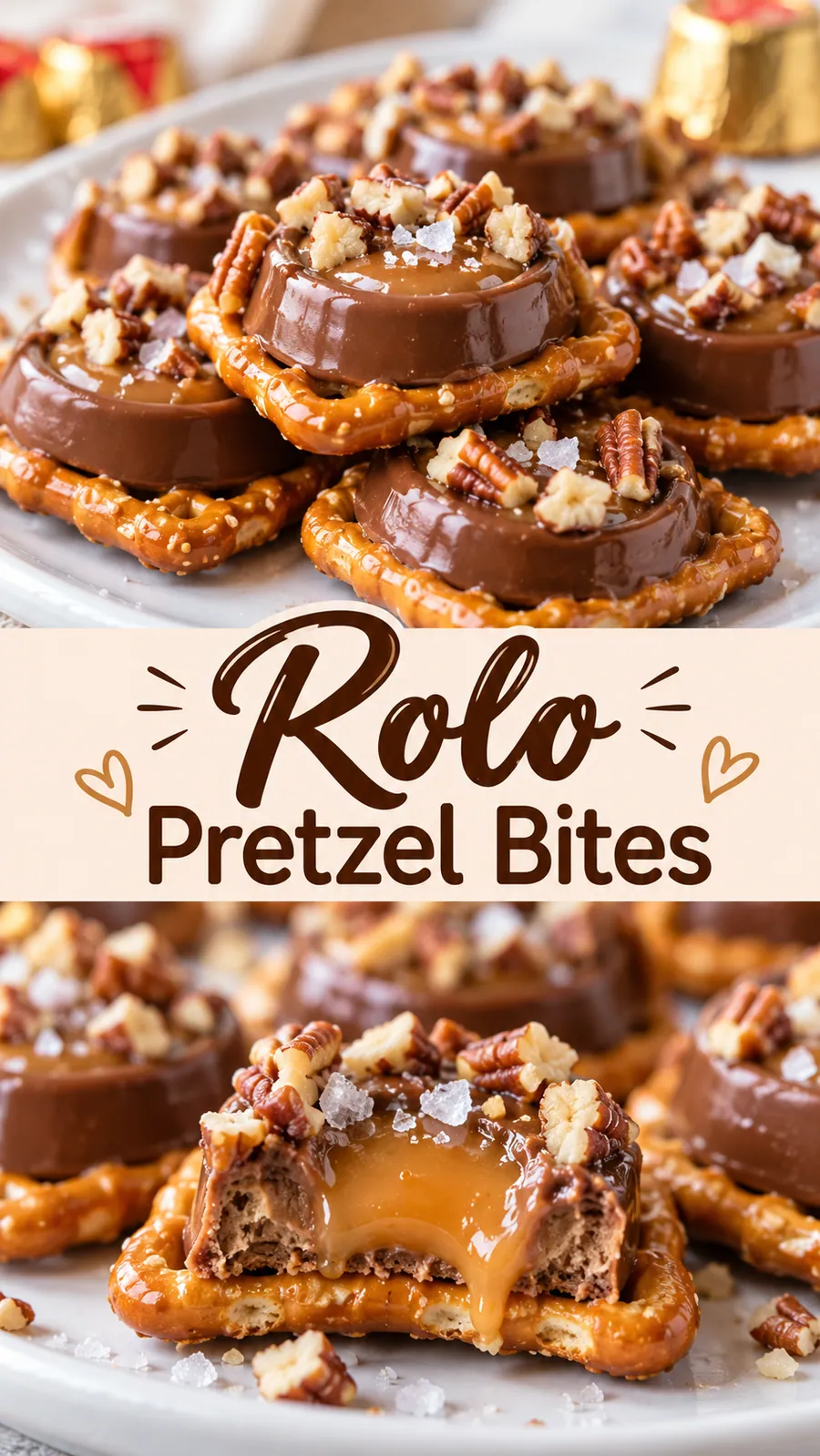 Pinterest image for Rolo Pretzel Bites, with two photos of the recipe