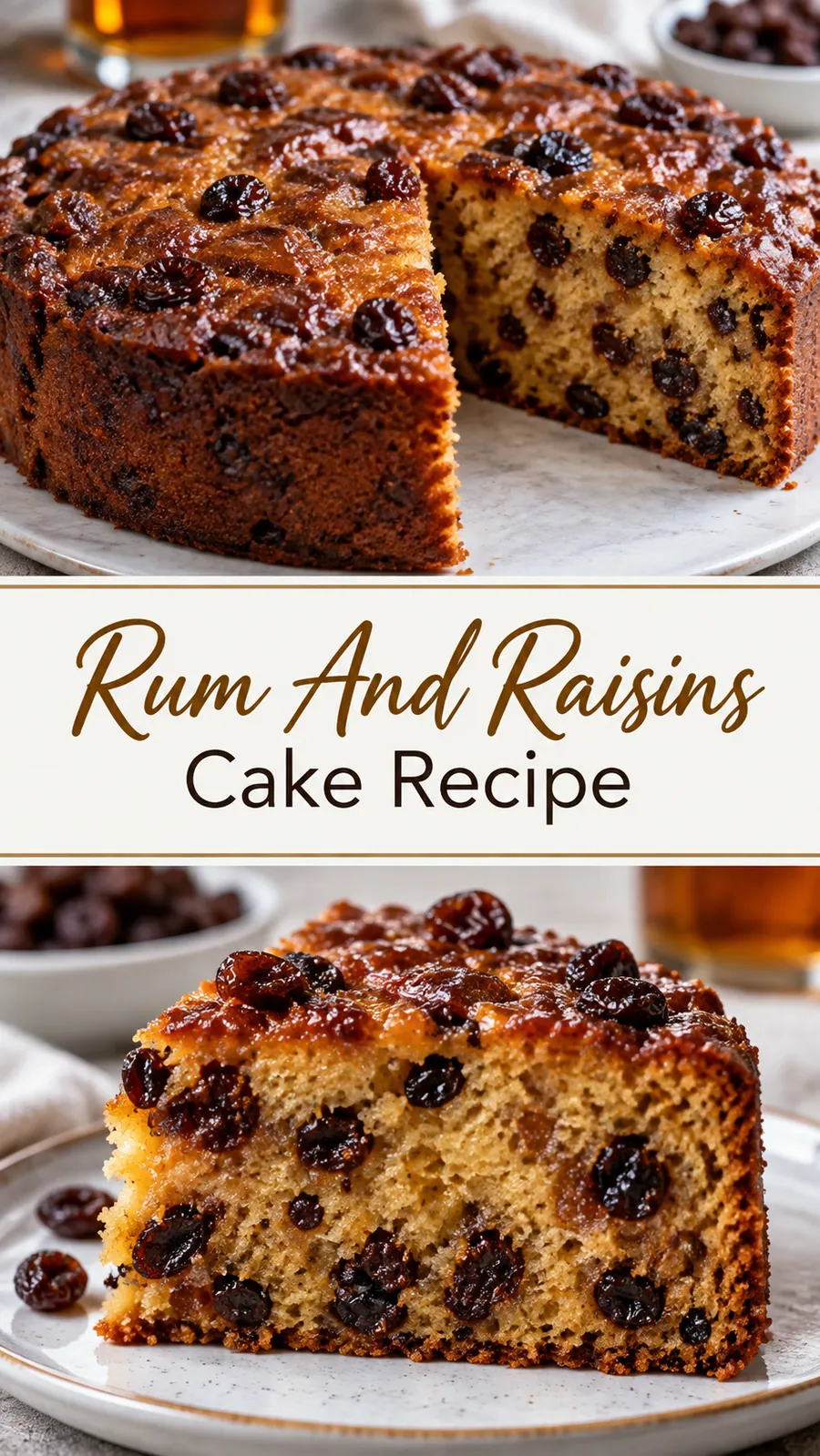 Pinterest image for Rum And Raisins Cake Recipe, with two photos of the recipe