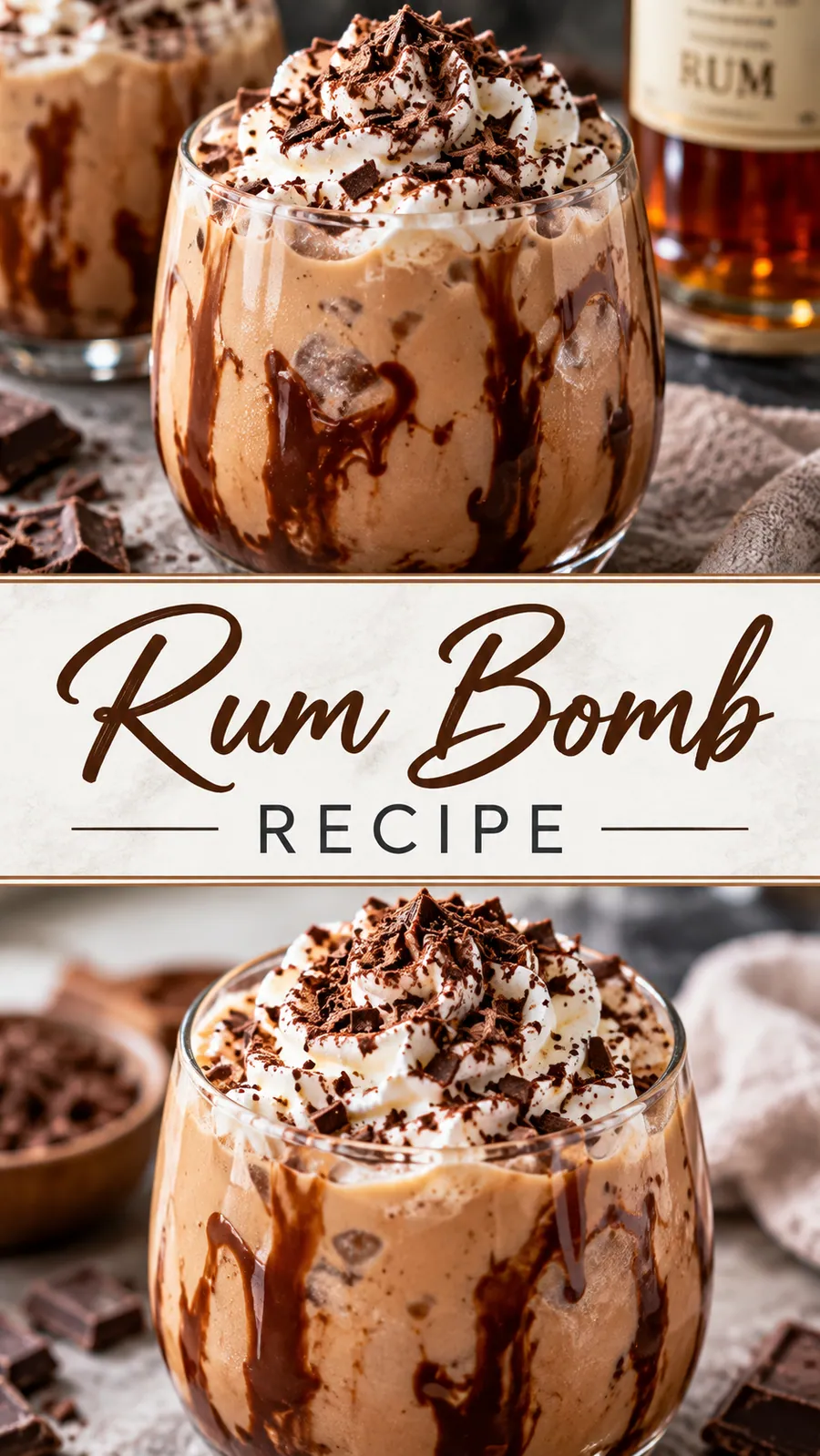 Pinterest image for Rum Bomb Recipe, with two photos of the recipe