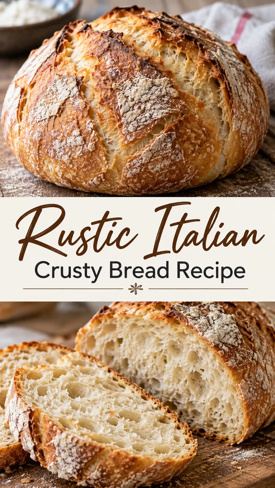 Pinterest image for Rustic Italian Crusty Bread Recipe, with two photos of the recipe