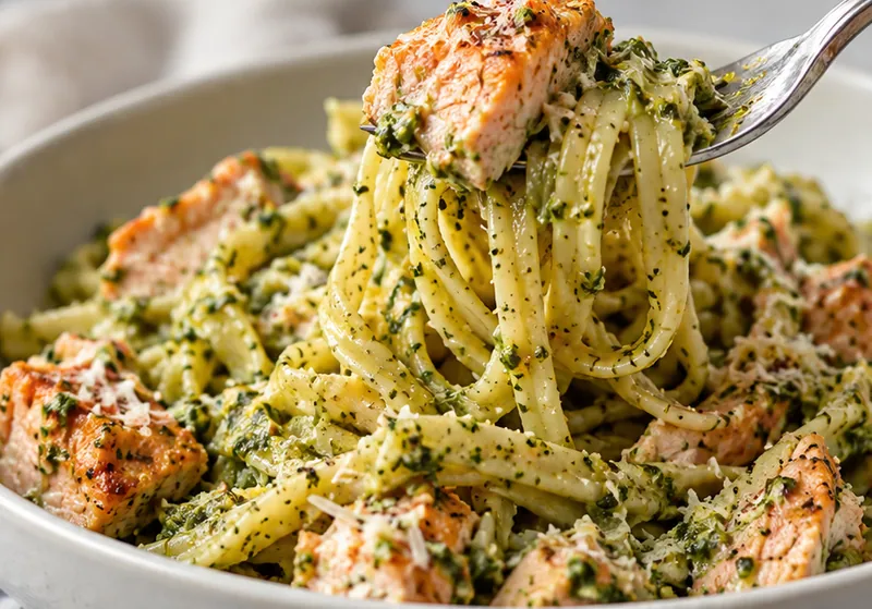 Salmon Pesto Pasta Recipe, ready to serve