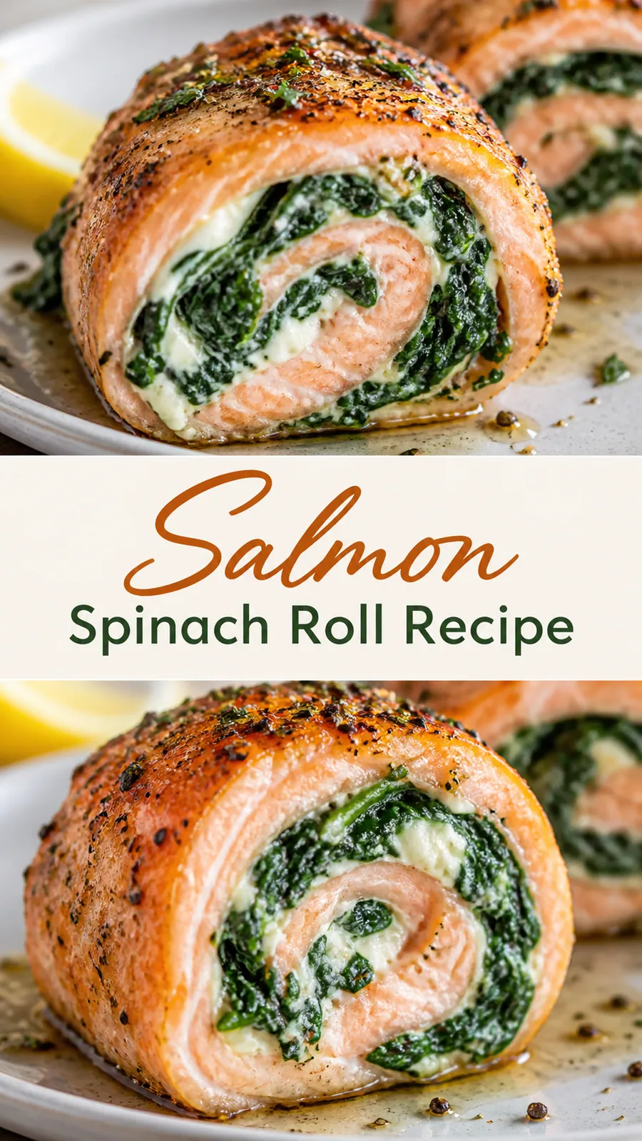 Pinterest image for Salmon Spinach Roll Recipe, with two photos of the recipe