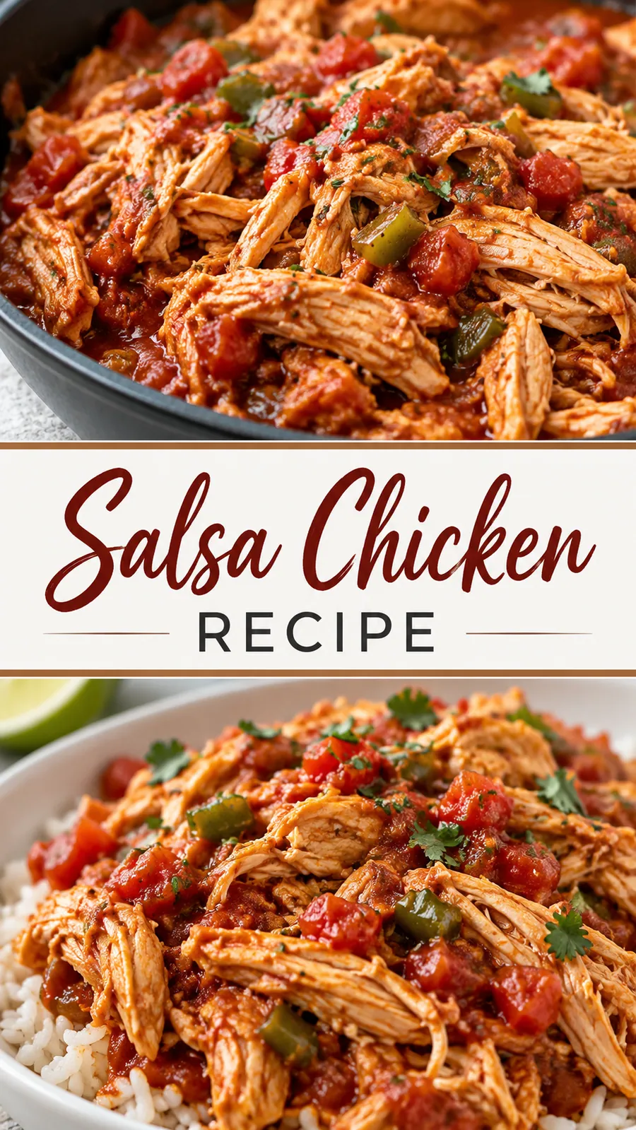 Pinterest image for Salsa Chicken Recipe, with two photos of the recipe
