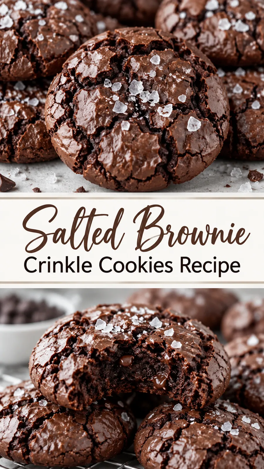 Pinterest image for Salted Brownie Crinkle Cookies Recipe, with two photos of the recipe