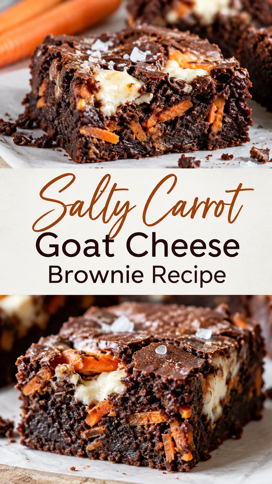 Pinterest image for Salty Carrot Goat Cheese Brownie Recipe, with two photos of the recipe