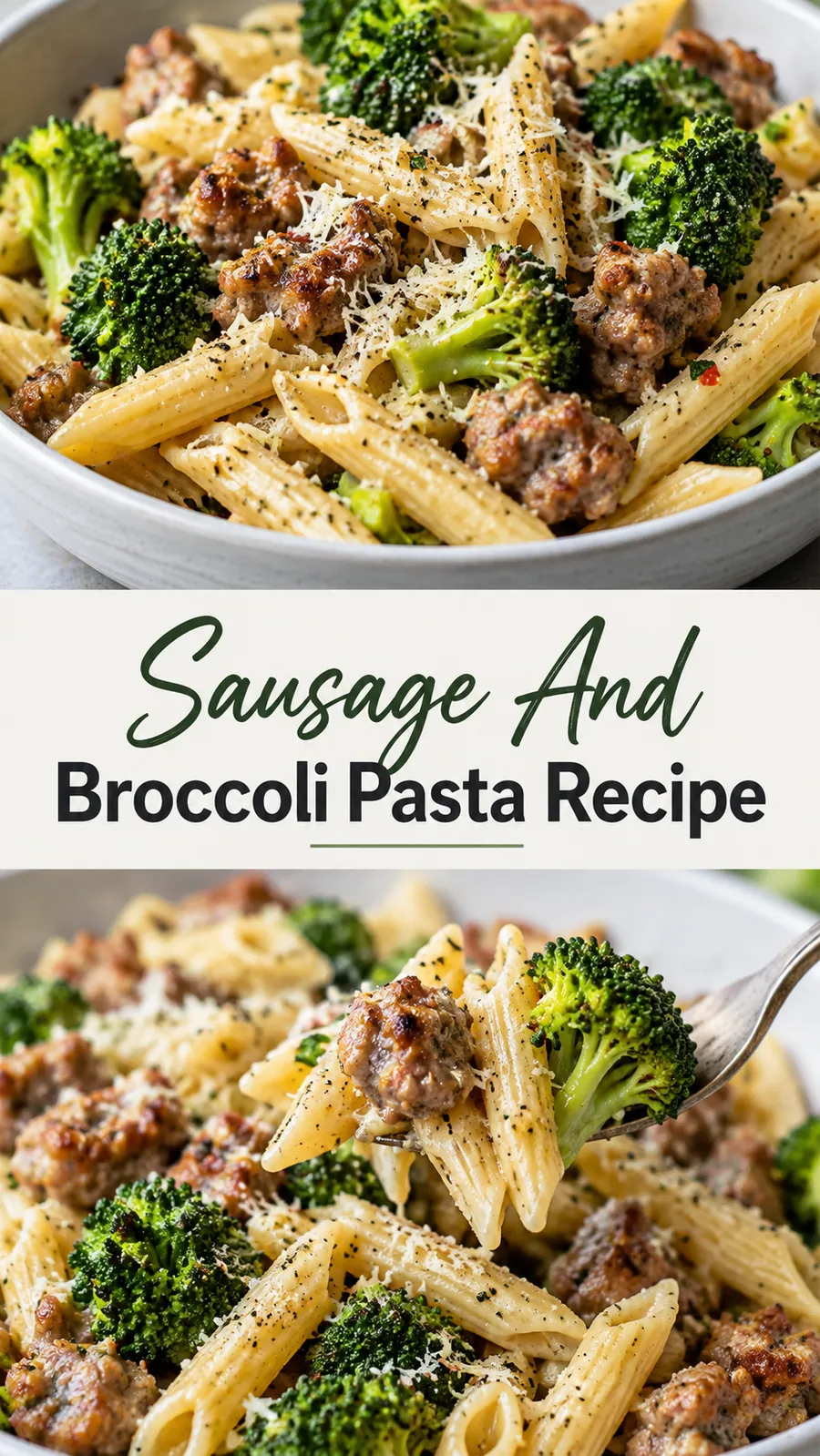 Pinterest image for Sausage And Broccoli Pasta Recipe, with two photos of the recipe