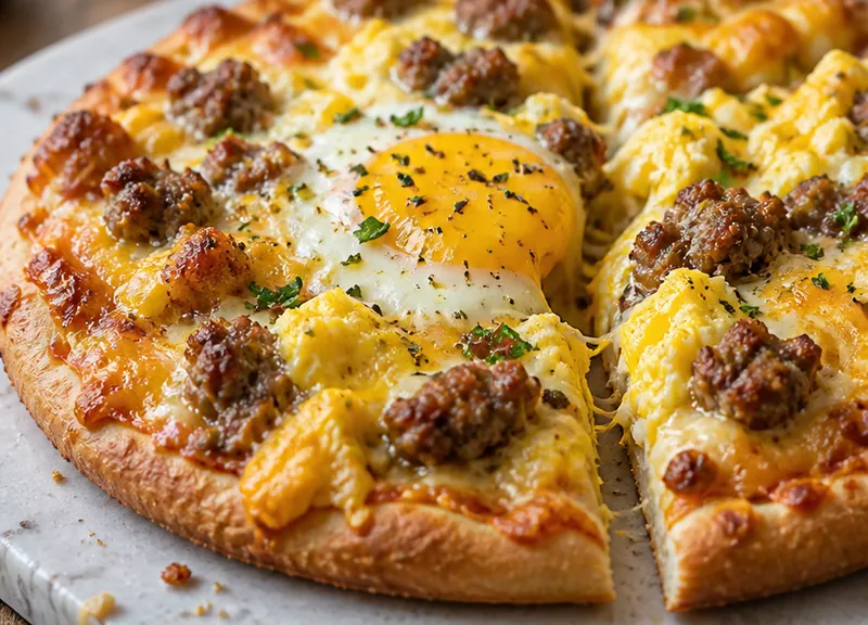 Sausage and Egg Breakfast Pizzas, ready to serve