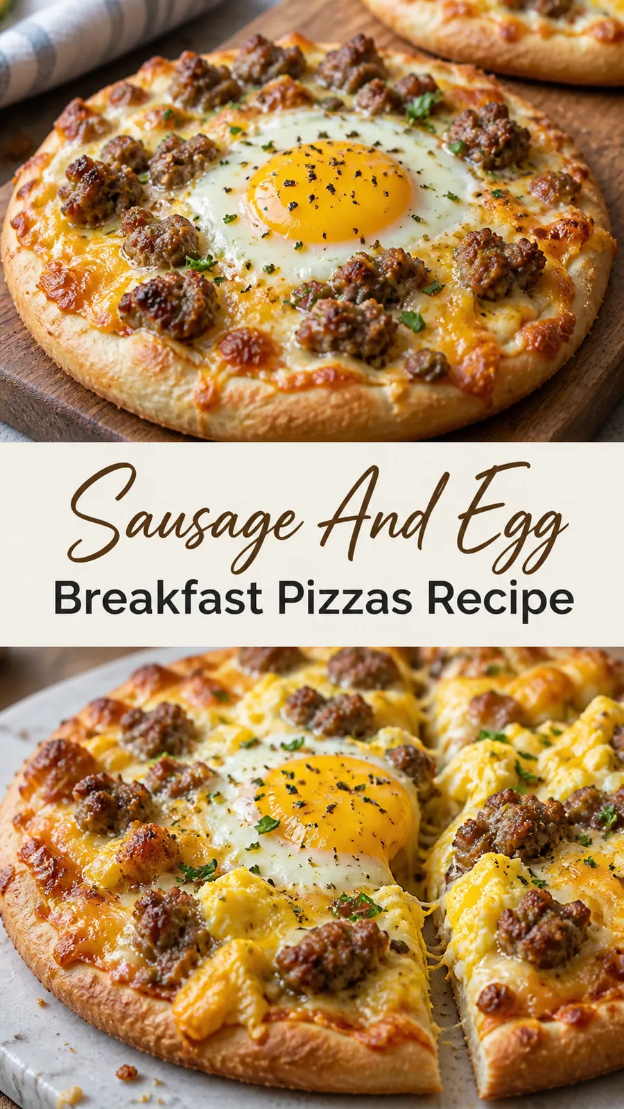 Pinterest image for Sausage And Egg Breakfast Pizzas Recipe, with two photos of the recipe