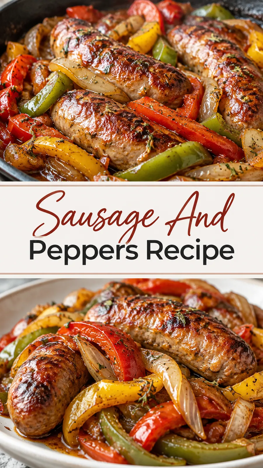 Pinterest image for Sausage And Peppers Recipe, with two photos of the recipe