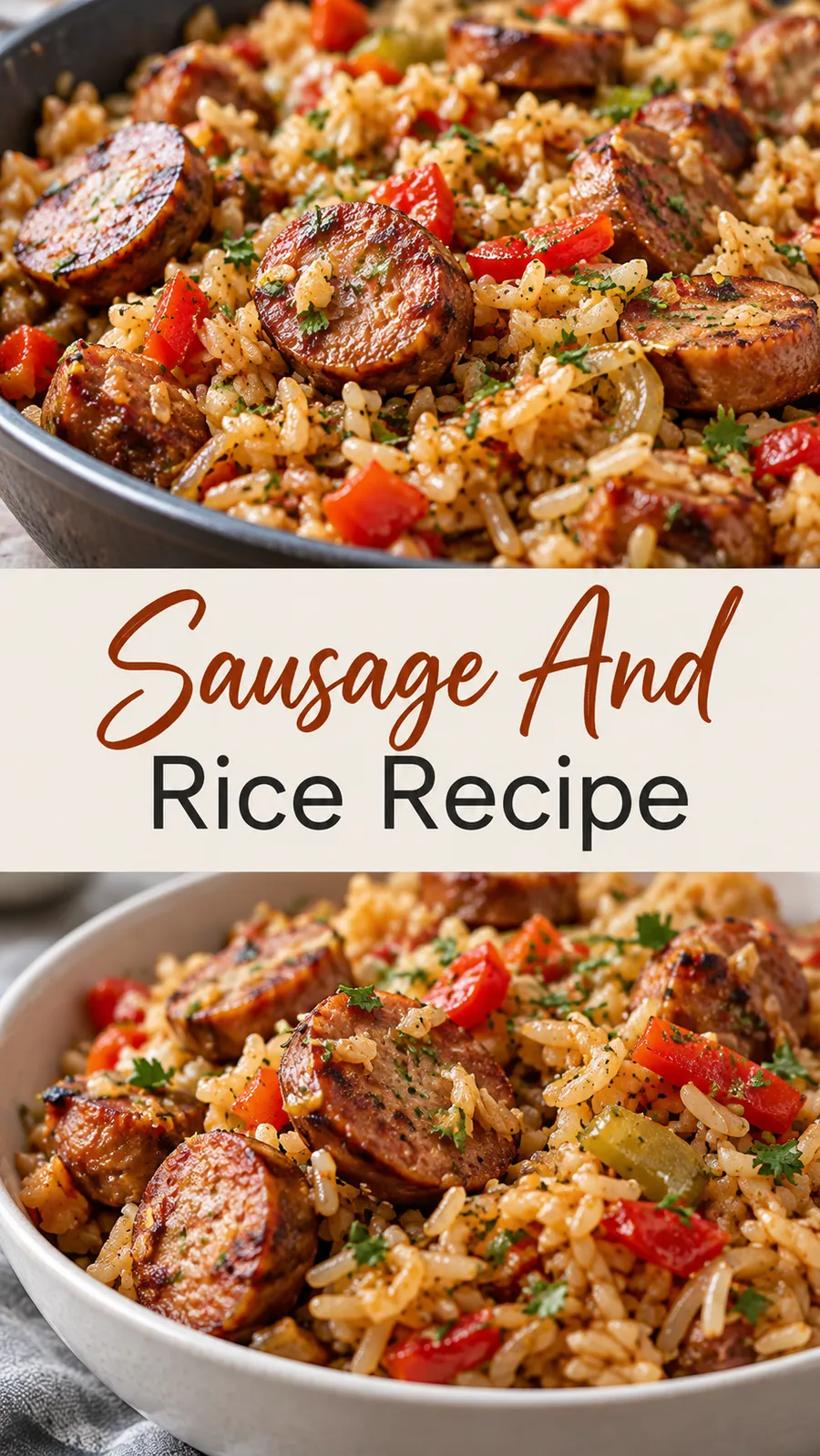 Pinterest image for Sausage And Rice Recipe, with two photos of the recipe