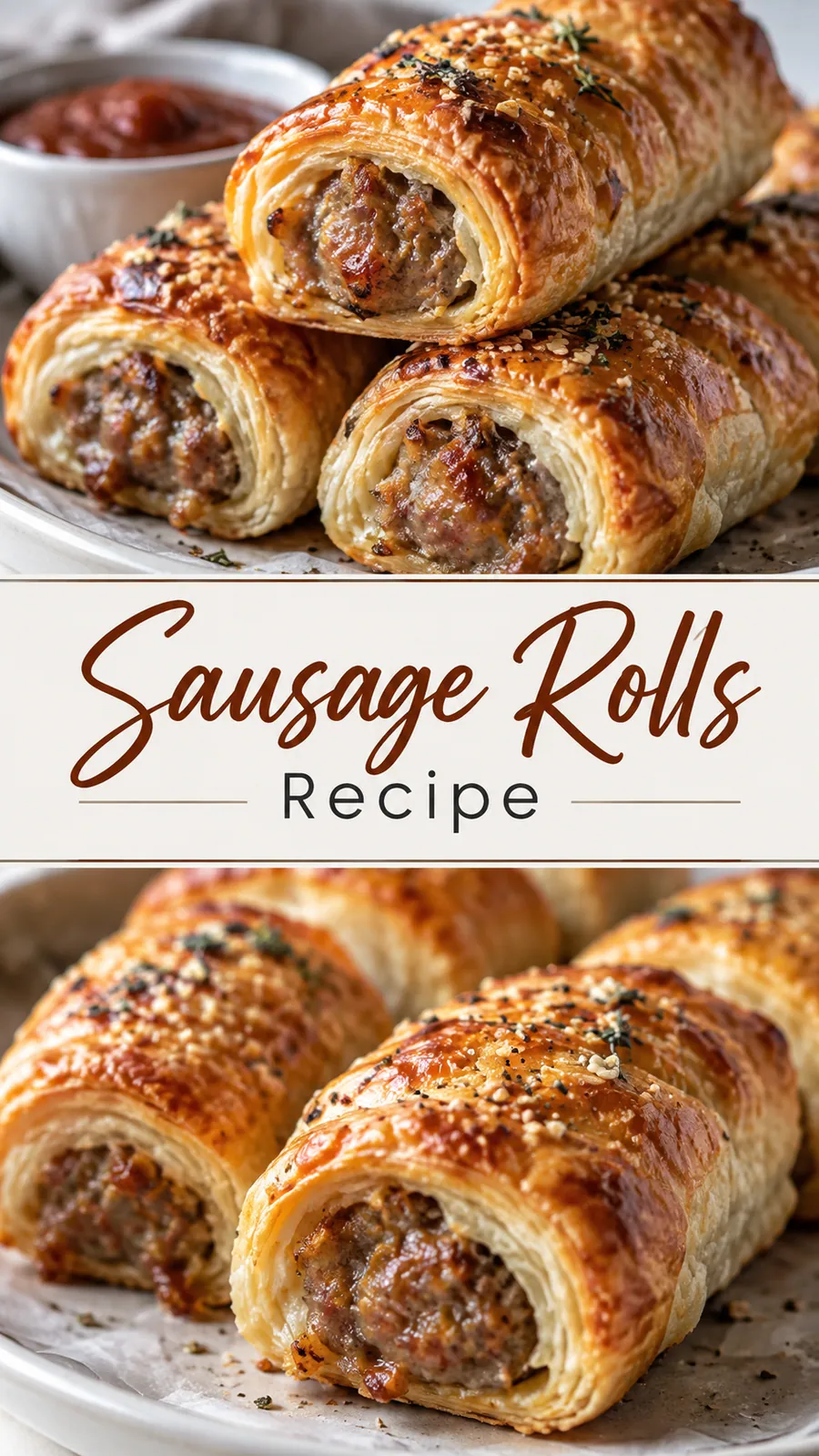 Pinterest image for Sausage Rolls Recipe, with two photos of the recipe