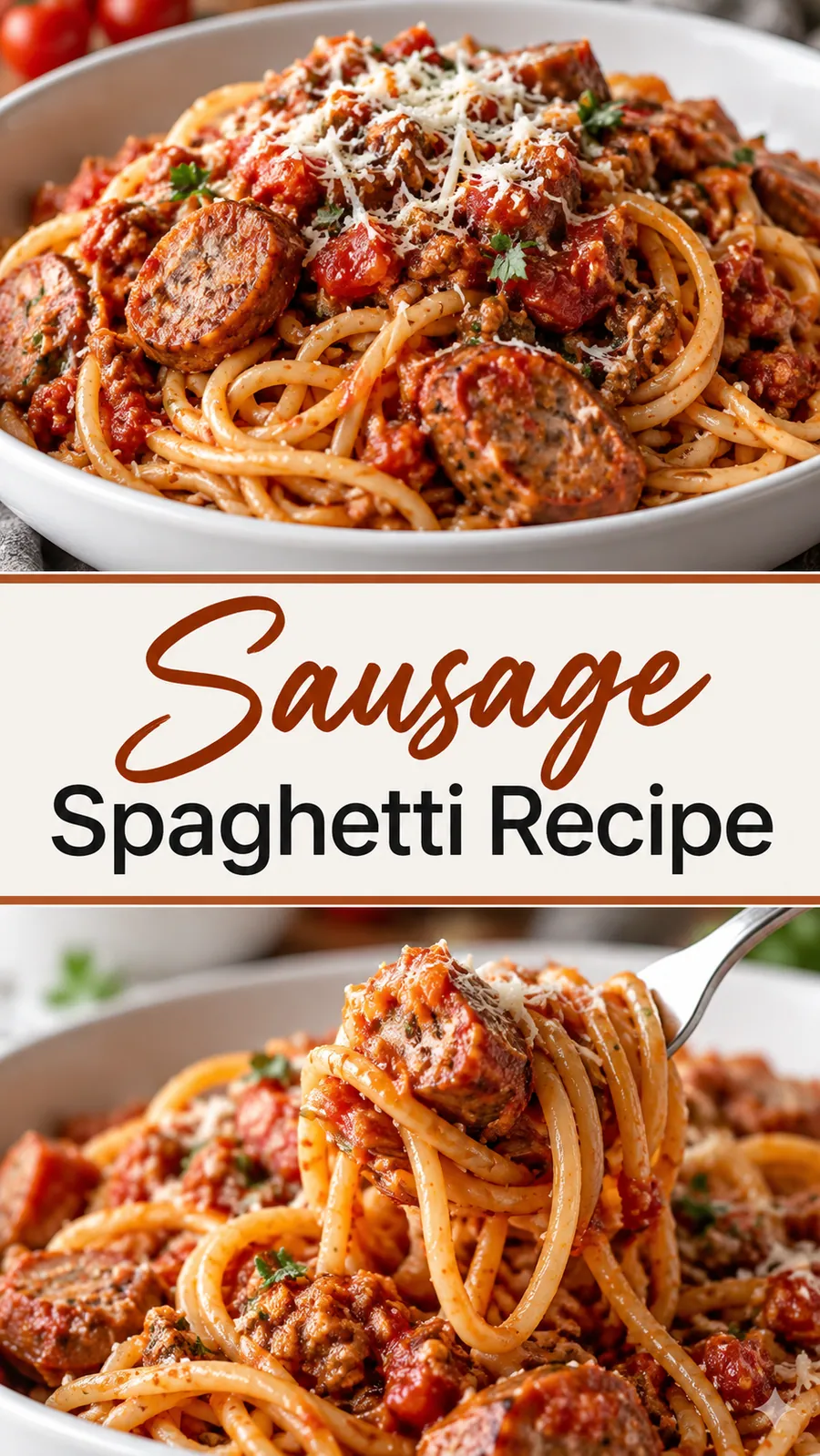 Pinterest image for Sausage Spaghetti Recipe, with two photos of the recipe
