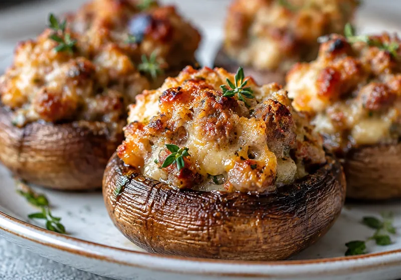 Sausage Stuffed Mushrooms, ready to serve