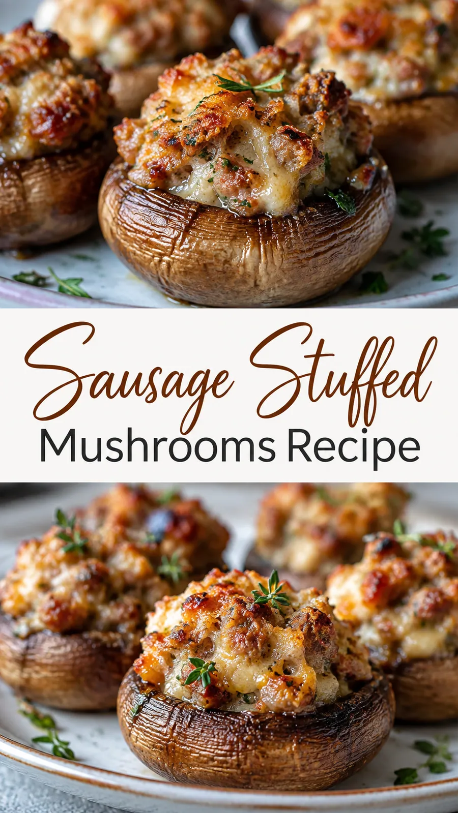 Pinterest image for Sausage Stuffed Mushrooms Recipe, with two photos of the recipe