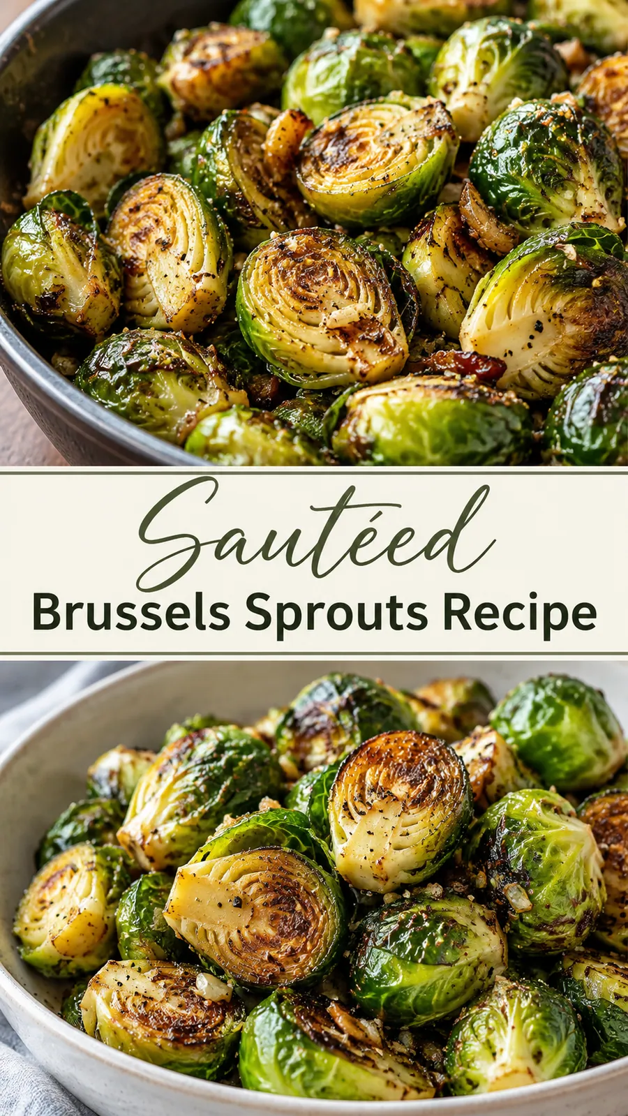 Pinterest image for Sautéed Brussels Sprouts Recipe, with two photos of the recipe