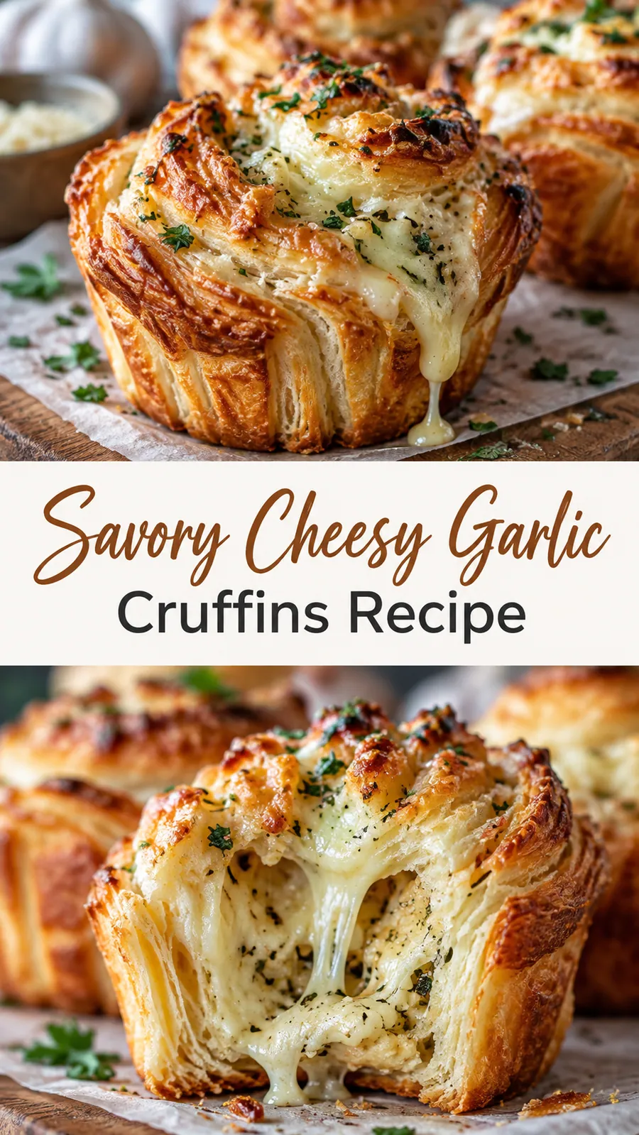Pinterest image for Savory Cheesy Garlic Cruffins Recipe, with two photos of the recipe