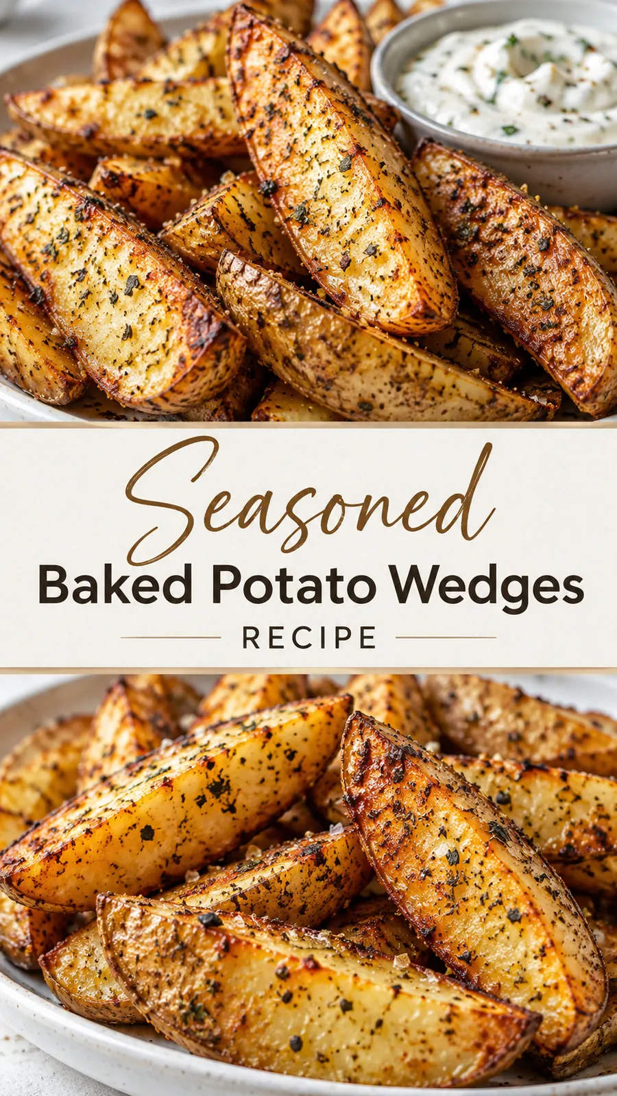 Pinterest image for Seasoned Baked Potato Wedges Recipe, with two photos of the recipe