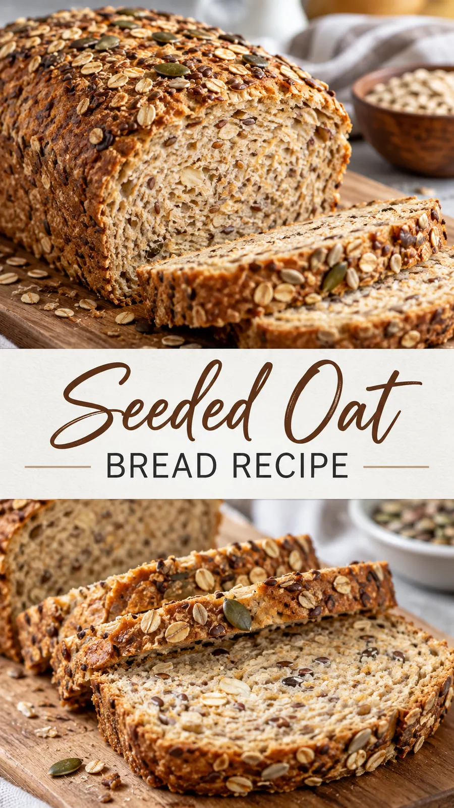 Pinterest image for Seeded Oat Bread Recipe, with two photos of the recipe