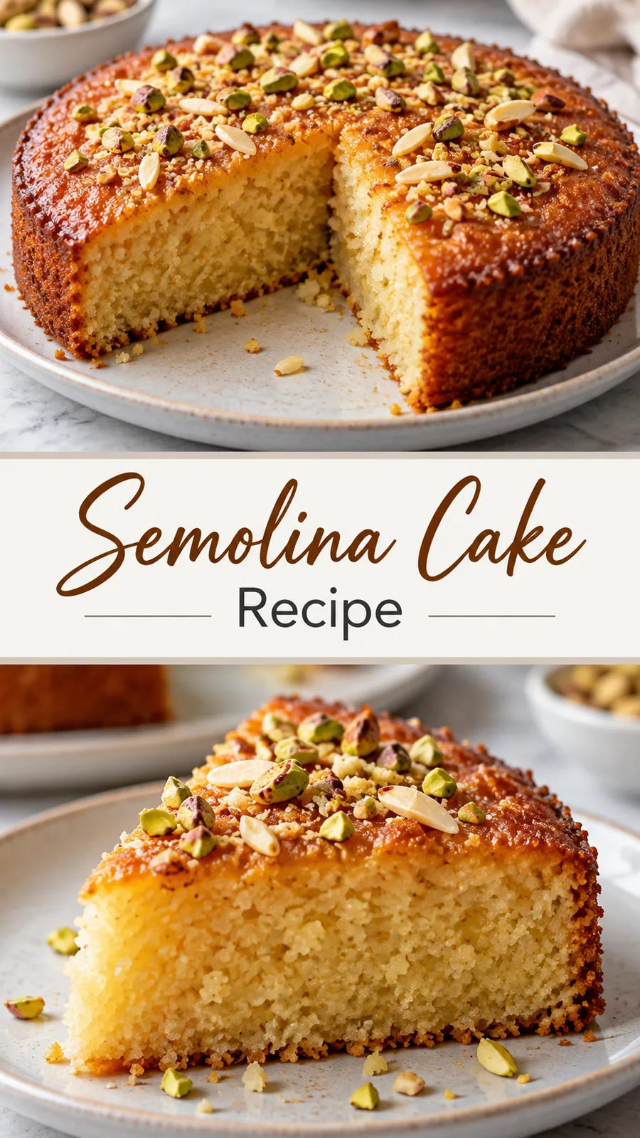 Pinterest image for Semolina Cake Recipe, with two photos of the recipe