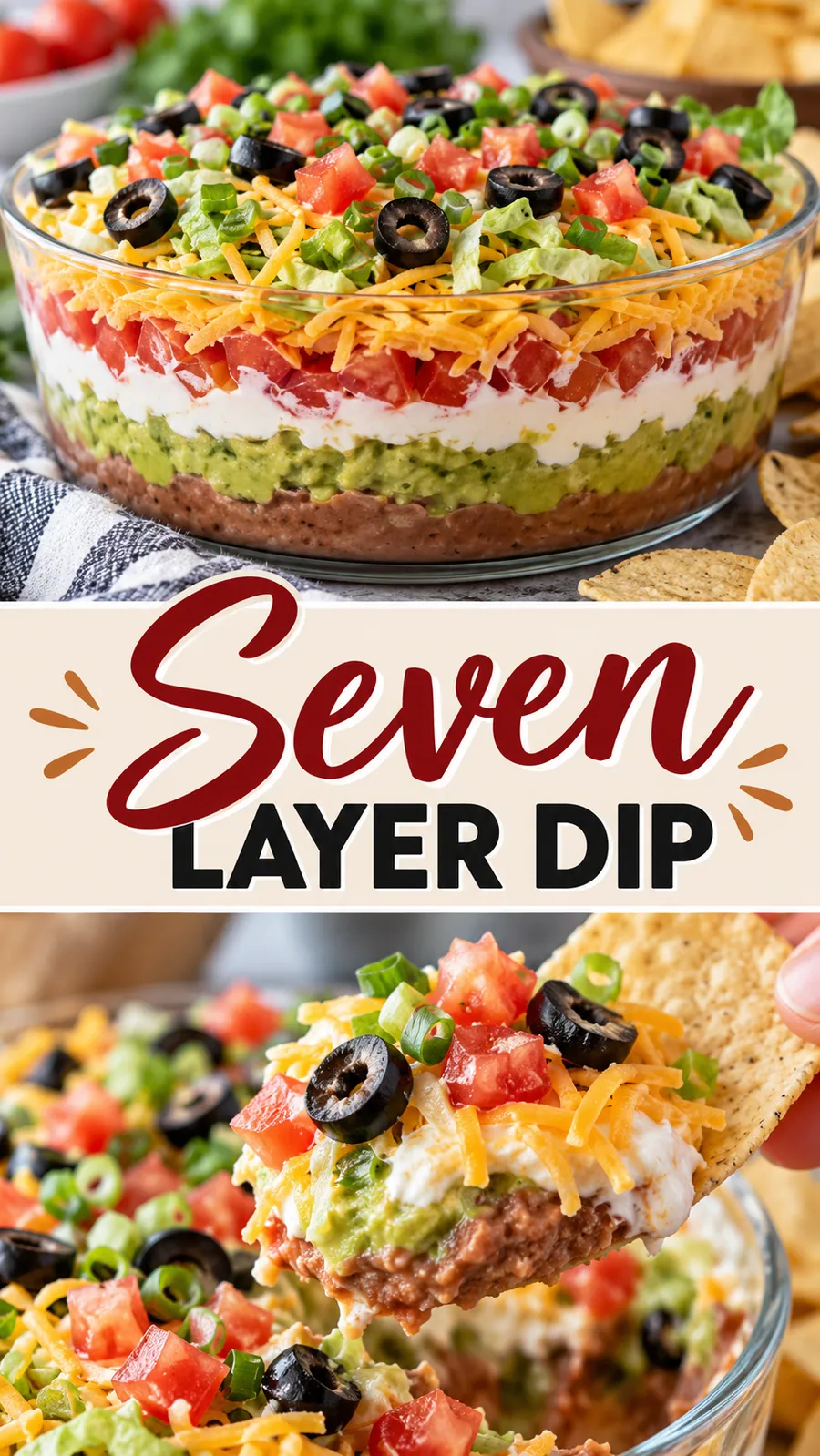 Pinterest image for Seven Layer Dip, with two photos of the recipe